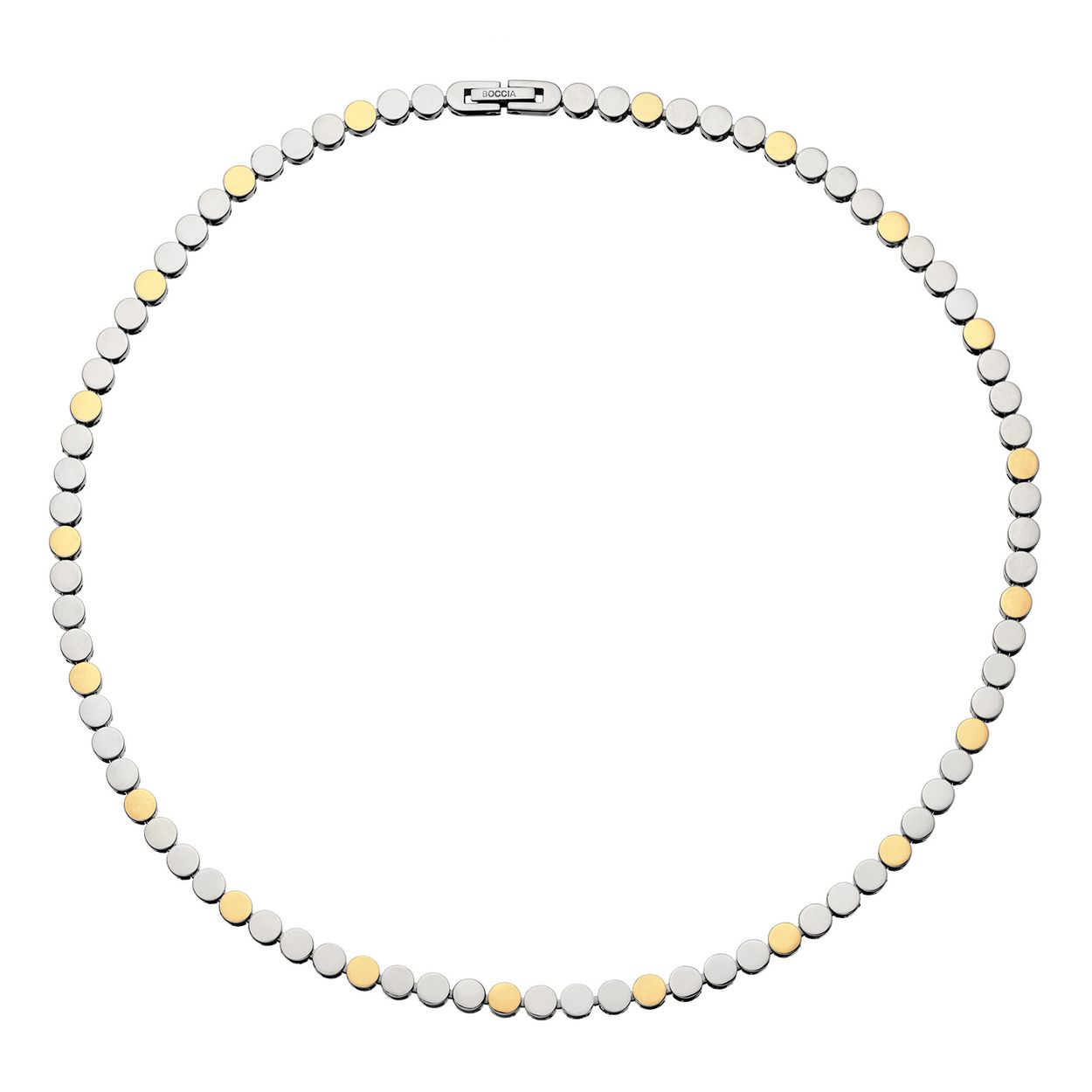 Boccia Titanium 08074-05 Collier
Deze unieke titanium ketting van Boccia Titanium is een mooie toevoeging aan je sieradencollectie! Wat deze titanium ketting uniek maakt, is dat er glanzende zilverkleurige en goudkleurige ronde schakels aan elkaar verbonden zijn via de onderkant. Hierdoor wordt het een soepele ketting. Combineer de ketting met het bijpassende armband en oorbellen voor een complete look. De lengte is 45cm.

HET MERK
Boccia Titanium is het titanium merk van Nederland, dat zijn oorsprong in Duitsland vindt en is opgericht in het jaar 1992. Ontwikkeld door internationale ontwerpers. Alle titanium componenten van de BOCCIA TITANIUM collectie zijn gemaakt van 99,7% puur titanium; het bijzondere materiaal. Het is licht in gewicht, neemt de temperatuur van de huid aan en is zeer huidvriendelijk. Bovendien is het corrosie- en temperatuurbestendig.

SPECIFICATIES
- Ketting 45cm 08074-05
- Puur titanium
- Bicolor
- 45cm