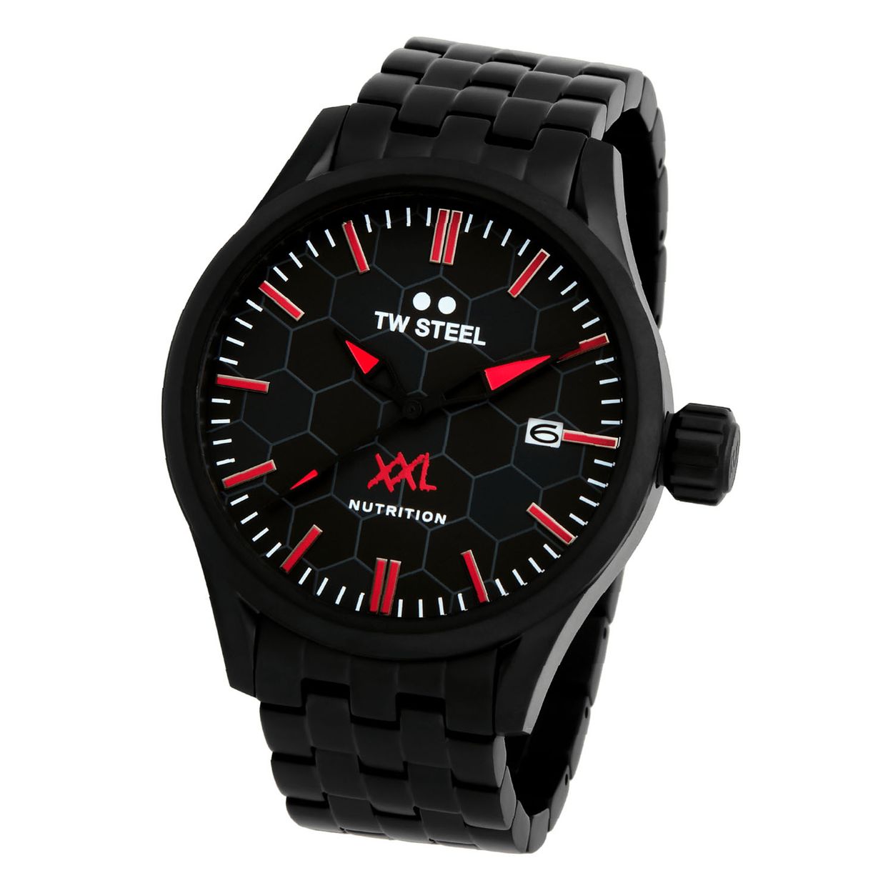 TW Steel TWVS107 Volante XXL Nutrition limited edition Staal 45mm
Deze TW steel uit de Volante serie met nr TWVS107 wil je zeker in je collectie hebben. De TWVS107 valt op door zijn PVD zwarte ronde stalen geborstelde kast met een schroefkroon. Het stoere horloge heeft een zwarte hexagon print wijzerplaat met een datum en rode accenten in de tijdsaanduiding. Deze Nutrition serie is een limited edition van 250 stuks. Aan de stalen kast zit een zwarte schakelband met een vouwsluiting. Het horloge heeft wereldwijde garantie van 2 jaar, een saffier coated glas en is 10ATM. Een typisch TW model.

Het Merk:
TW Steel is een Nederlands horlogemerk. Groot in visie en ongeëvenaard in stijl. Sinds onze oprichting in 2005 geven wij tijd een nieuwe dimensie. Met karakteristieke designs stappen wij af van de gebaande paden.
Ons bereik is wereldwijd, of het nu zakelijk, casual of sportief is, bij de horloge collectie van TW Steel gaat het om kwaliteit en precisie. Een horloge dat je persoonlijkheid onderstreept is altijd binnen handbereik. Vorm en functie gaan samen in onze horloges van Zwitserse top kwaliteit. De kunst om je te onderscheiden vergt zelfvertrouwen en lef.
TW Steel is niet zomaar een horloge, TW Steel is een statement.

Specificaties:
- Ronde horloge kast 45mm
- Zwarte wijzerplaat 
- Zwarte stalen schakelband
- Saffier coated glas
- Schroefkroon
- Datum
- 10ATM