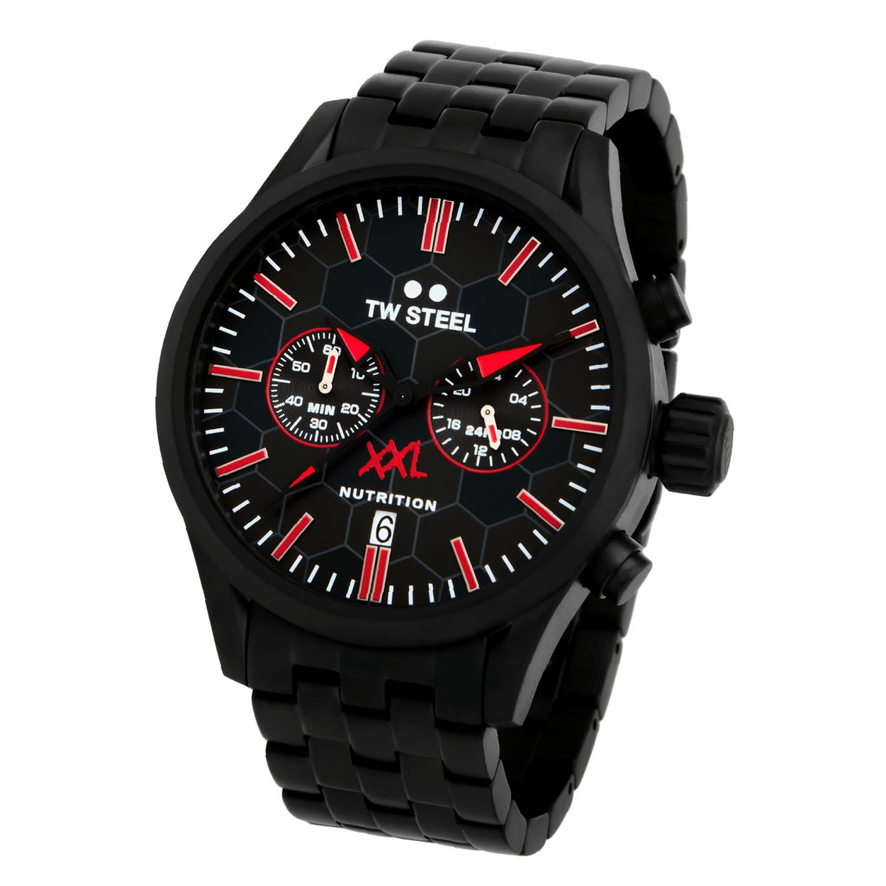 TW Steel TWVS117 Volante XXL Nutrition limited edition Chrono Staal 45mm
Deze TW steel uit de Volante serie met nr TWVS117 wil je zeker in je collectie hebben. De TWVS117 valt op door zijn PVD zwarte ronde stalen geborstelde kast met een schroefkroon. Het stoere horloge heeft een zwarte hexagon print wijzerplaat met een datum, chronograaf en rode accenten in de tijdsaanduiding. Deze Nutrition serie is een limited edition van 250 stuks. Aan de stalen kast zit een zwarte schakelband met een vouwsluiting. Het horloge heeft wereldwijde garantie van 2 jaar, een saffier coated glas en is 10ATM. Een typisch TW model.

Het Merk:
TW Steel is een Nederlands horlogemerk. Groot in visie en ongeëvenaard in stijl. Sinds onze oprichting in 2005 geven wij tijd een nieuwe dimensie. Met karakteristieke designs stappen wij af van de gebaande paden.
Ons bereik is wereldwijd, of het nu zakelijk, casual of sportief is, bij de horloge collectie van TW Steel gaat het om kwaliteit en precisie. Een horloge dat je persoonlijkheid onderstreept is altijd binnen handbereik. Vorm en functie gaan samen in onze horloges van Zwitserse top kwaliteit. De kunst om je te onderscheiden vergt zelfvertrouwen en lef.
TW Steel is niet zomaar een horloge, TW Steel is een statement.

Specificaties:
- Ronde horloge kast 45mm
- Zwarte wijzerplaat 
- Zwarte schakelband
- Saffier coated glas
- Schroefkroon
- Chronograaf en datum
- 10ATM