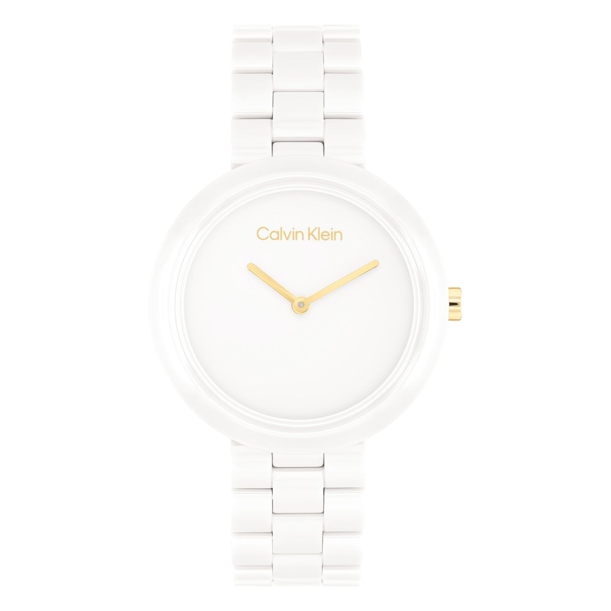 Calvin Klein CK25100072 Dames Ceramic Horloge 34mm 
Dit Calvin Klein dameshorloge met nr CK25100072 is een chique ontwerp. De stijlvolle witte keramieke kast heeft een brede gladde bezel en een witte wijzerplaat met enkel goudkleurige wijzers en de merknaam. Strak aan de ronde kast zit een witte keramieke schakelband met een druksluiting. Het opvallende dameshorloge heeft een mineraalglas, een doorsnee van 34mm en is 3ATM.

OVER CALVIN KLEIN
Calvin Klein is een wereldwijd lifestylemerk dat gewaagde, vooruitstrevende idealen en een verleidelijke, vaak minimalistische, esthetiek nastreeft. Calvin Klein werd groot in de jaren 70 door haar mode- en merkjeans collecties. In de jaren 80 lanceerde Calvin Klein haar spraakmakende ondergoed dat uitdrukkelijk van logo ’s voorzien was. Vanwege het grote succes is het merk ook succesvol uitgerold in Accessoires, Parfums, Home, Brillen, Golf, Horloges en Sieraden.
Sinds de oprichting in 1968 door Calvin Klein, heeft het merk haar reputatie opgebouwd als leider in de Amerikaanse mode, dankzij een cleane esthetiek en innovatieve ontwerpen. Calvin Klein wil haar publiek verleiden en inspireren door middel van provocerende beelden en opvallende ontwerpen die prikkelen. 

SPECIFICATIES:
- Mineraalglas
- Witte keramieke kast
- Witte wijzerplaat 
- Witte keramieke schakelband
- Ronde kastvorm, Ø 34mm
- 3ATM