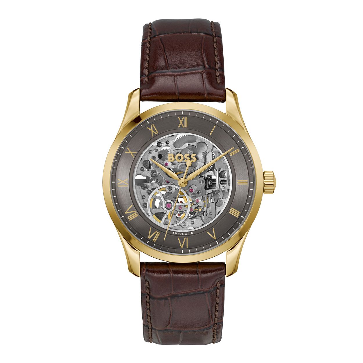 Hugo Boss Principe Skeleton Men's Watch HB1514235 voor heren.

Het horloge beschikt over een quartz uurwerk. Deze prachtige wijzerplaat is grijs en is afgedekt met kwalitatief mineraalglas. De horlogekast is gemaakt van staal en is goudkleurig en heeft een diameter van 41 mm. De kleur van deze horlogeband is bruin en heeft een breedte van 22 mm. De horlogeband is gemaakt van leer . Met dit prachtige horloge ben je elke dag op de hoogte van de juiste tijd!