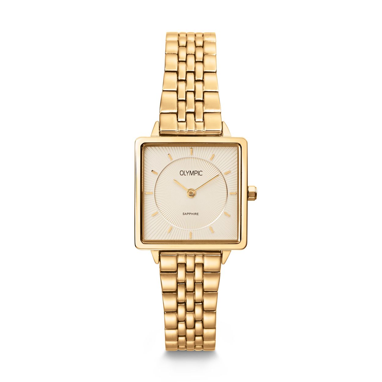 Olympic OL1DDD001 Dames Horloge Staal 25x25mm Dit unieke Olympic horloge met artikelnummer: OL1DDD001 is een classic dameshorloge. Het horloge heeft een vierkante goudkleurige stalen kast met een cremekleurige bewerkte wijzerplaat met streepjes als uursaanduiding en fijne strakke wijzers. Aan de kast zit een fijne glanzende goudkleurige stalen schakelband met vouwsluiting. Het horloge heeft een saffierglas, een afmeting van 25x25mm en is 3ATM. Het merk: Het Nederlandse horlogemerk Olympic levert stoere chronografen, slimline series, digitale uurwerken en elegante dameshorloges. De prijs-kwaliteitverhouding staat bij Olympic hoog in het vaandel met prijzen die uiteenlopen van € 34,95 tot en met € 159,00. 100% Nederlands ontwerp, waterdicht en standaard 3 jaar fabrieksgarantie. Specificaties: - Vierkante kast 25x25mm - Stalen goudkleurige horlogekast - Cremekleurige wijzerplaat - Stalen goudkleurige schakelband - 3ATM - Standaard 3 jaar fabrieksgarantie - Saffierglas