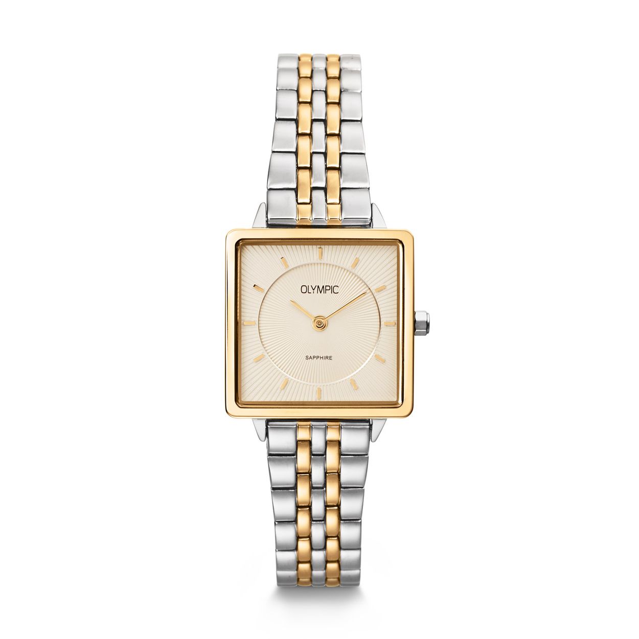 Olympic OL1DSS001B Dames Horloge Staal Bicolor 25x25mm 
Dit unieke Olympic horloge met artikelnummer: OL1DSS001B is een classic dameshorloge. Het horloge heeft een vierkante stalen kast met een goudkleurige bezel, een cremekleurige bewerkte wijzerplaat met streepjes als uursaanduiding en fijne strakke wijzers. Aan de kast zit een fijne glanzende bicolor stalen schakelband met vouwsluiting. Het horloge heeft een saffierglas, een afmeting van 25x25mm en is 3ATM.

Het merk:
Het Nederlandse horlogemerk Olympic levert stoere chronografen, slimline series, digitale uurwerken en elegante dameshorloges. De prijs-kwaliteitverhouding staat bij Olympic hoog in het vaandel met prijzen die uiteenlopen van € 34,95 tot en met € 159,00.

100% Nederlands ontwerp, waterdicht en standaard 3 jaar fabrieksgarantie.

Specificaties:
- Vierkante kast 25x25mm
- Stalen horlogekast
- Cremekleurige wijzerplaat
- Stalen bicolor schakelband
- 3ATM 
- Standaard 3 jaar fabrieksgarantie
- Saffierglas