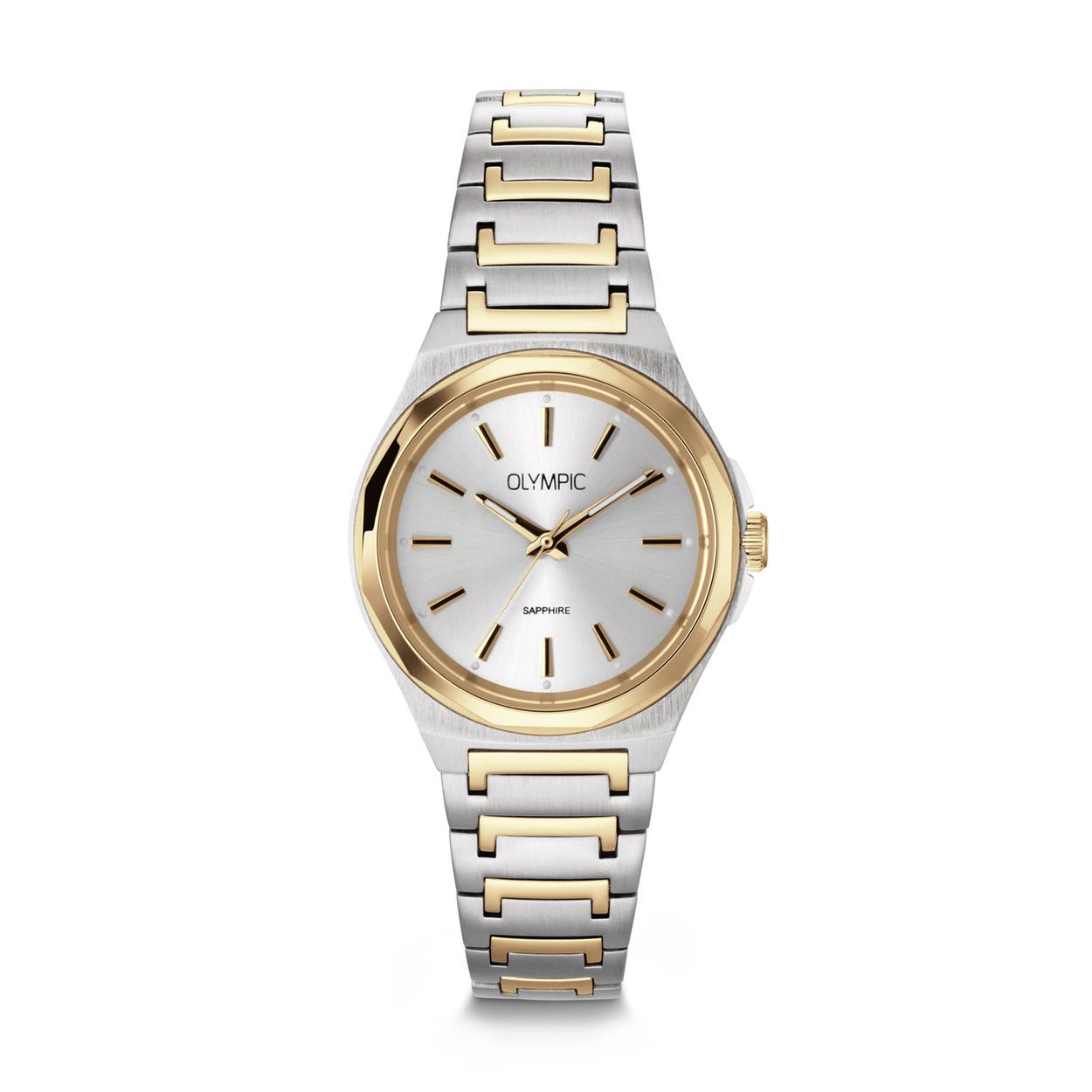 Olympic OL66DSS027B Momentum Horloge Dames Bico Staal 32mm 
Dit unieke Olympic horloge met artikelnummer: OL66DSS027B is een classic dameshorloge. Het horloge heeft een stalen kast met een glanzende goudkleurige bezel, een zilverkleurige wijzerplaat met streepjes als uursaanduiding en fijne wijzers. Aan de kast zit een stalen bicolor schakelband met een vouwsluiting. Het horloge heeft een saffierglas, een doorsnee van 32mm en is 5ATM.

Het merk:
Het Nederlandse horlogemerk Olympic levert stoere chronografen, slimline series, digitale uurwerken en elegante dameshorloges. De prijs-kwaliteitverhouding staat bij Olympic hoog in het vaandel met prijzen die uiteenlopen van &euro; 34,95 tot en met &euro; 159,00.

100% Nederlands ontwerp, waterdicht en standaard 3 jaar fabrieksgarantie.

Specificaties:
- Ronde kast &Oslash; 32mm
- Stalen horlogekast
- Zilverkleurige wijzerplaat
- Stalen bicolor schakelband
- 5ATM 
- Standaard 3 jaar fabrieksgarantie
- Saffierglas