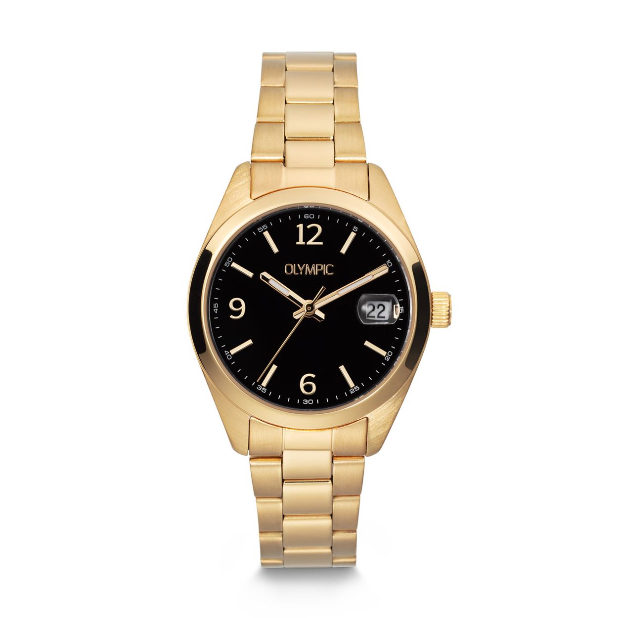 Olympic OL75DDD002 Louise Horloge Dames Staal 33mm 
Dit unieke Olympic horloge met artikelnummer: OL75DDD002 is een classic dameshorloge. Het horloge heeft een stalen goudkleurige kast met een glanzende goudkleurige bezel, een zwarte wijzerplaat met streepjes als uursaanduiding en een datum. Aan de kast zit een goudkleurige stalen schakelband met een vouwsluiting. Het horloge heeft een mineraalglas, een doorsnee van 33mm en is 5ATM.

Het merk:
Het Nederlandse horlogemerk Olympic levert stoere chronografen, slimline series, digitale uurwerken en elegante dameshorloges. De prijs-kwaliteitverhouding staat bij Olympic hoog in het vaandel met prijzen die uiteenlopen van € 34,95 tot en met € 159,00.

100% Nederlands ontwerp, waterdicht en standaard 3 jaar fabrieksgarantie.

Specificaties:
- Ronde kast Ø 33mm
- Stalen goudkleurige horlogekast
- Zwarte wijzerplaat
- Stalen goudkleurige schakelband
- 5ATM 
- Standaard 3 jaar fabrieksgarantie
- Mineraalglas