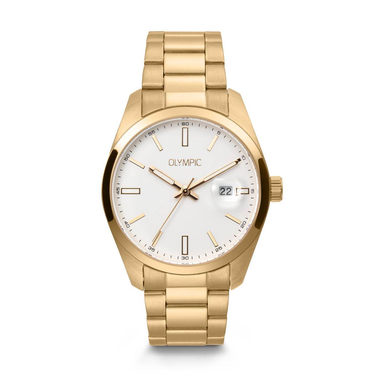 Olympic OL75HDD001 Louis Horloge Heren Staal 39mm 
Dit unieke Olympic horloge met artikelnummer: OL75HDD001 is een classic herenhorloge. Het horloge heeft een stalen goudkleurige kast met een glanzende goudkleurige bezel, een witte wijzerplaat met streepjes als uursaanduiding en een datum. Aan de kast zit een goudkleurige stalen schakelband met een vouwsluiting. Het horloge heeft een mineraalglas, een doorsnee van 39mm en is 5ATM.

Het merk:
Het Nederlandse horlogemerk Olympic levert stoere chronografen, slimline series, digitale uurwerken en elegante dameshorloges. De prijs-kwaliteitverhouding staat bij Olympic hoog in het vaandel met prijzen die uiteenlopen van € 34,95 tot en met € 159,00.

100% Nederlands ontwerp, waterdicht en standaard 3 jaar fabrieksgarantie.

Specificaties:
- Ronde kast Ø 39mm
- Stalen goudkleurige horlogekast
- Witte wijzerplaat
- Stalen goudkleurige schakelband
- 5ATM 
- Standaard 3 jaar fabrieksgarantie
- Mineraalglas