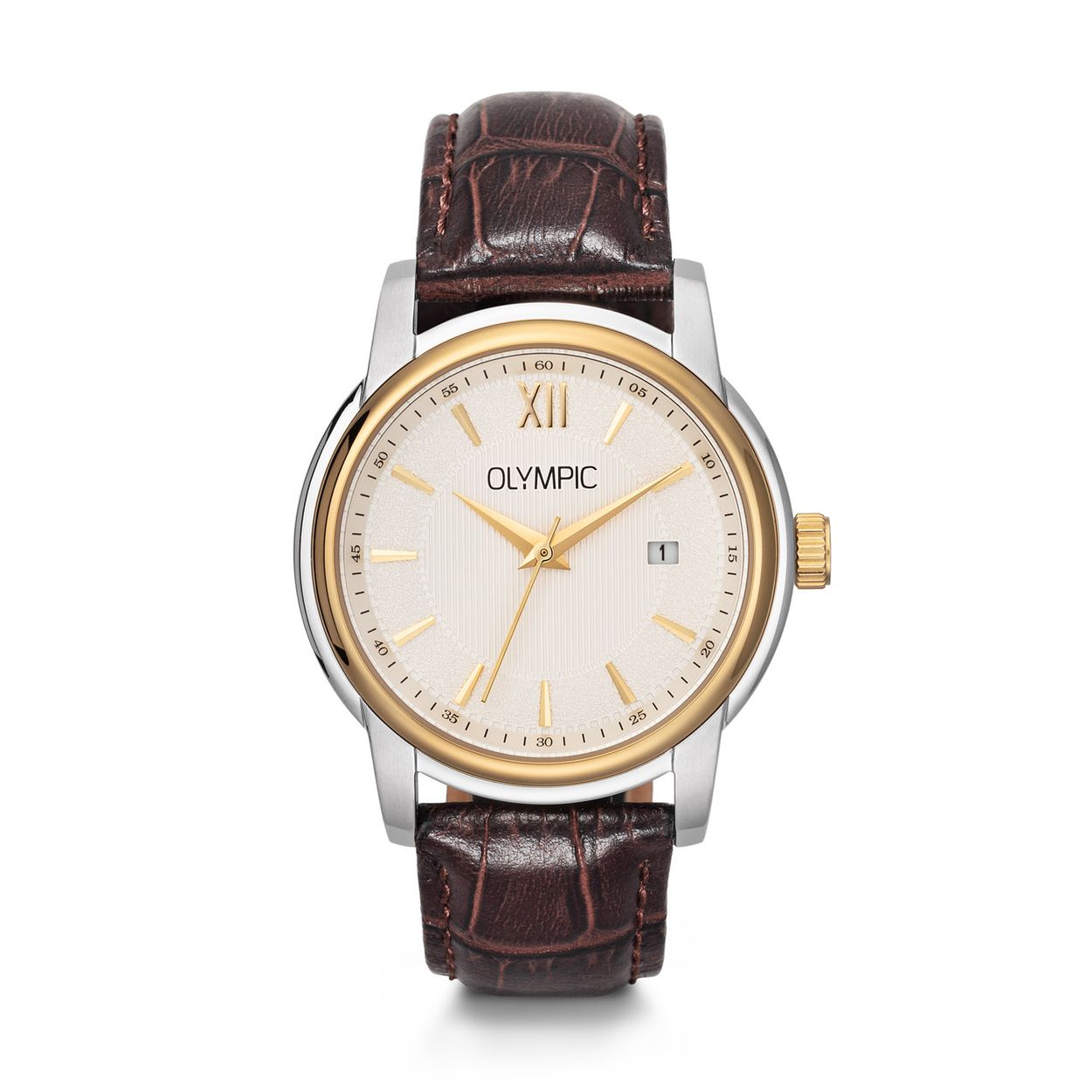 Olympic OL89HSL060B Victor Horloge Heren Staal 39mm 
Dit unieke Olympic horloge met artikelnummer: OL89HSL060B is een classic herenhorloge. Het horloge heeft een ronde stalen kast met een goudkleurige bezel, een crème bewerkte wijzerplaat met streepjes als uursaanduiding en een datum. Aan de kast zit een bruine krokoprint lerenband met een gespsluiting. Het horloge heeft een mineraalglas, een doorsnee van 39mm en is 5ATM.

Het merk:
Het Nederlandse horlogemerk Olympic levert stoere chronografen, slimline series, digitale uurwerken en elegante dameshorloges. De prijs-kwaliteitverhouding staat bij Olympic hoog in het vaandel met prijzen die uiteenlopen van € 34,95 tot en met € 159,00.

100% Nederlands ontwerp, waterdicht en standaard 3 jaar fabrieksgarantie.

Specificaties:
- Ronde kast Ø 39mm
- Stalen horlogekast
- Crème wijzerplaat
- Bruine lerenband
- 5ATM 
- Standaard 3 jaar fabrieksgarantie
- Mineraalglas