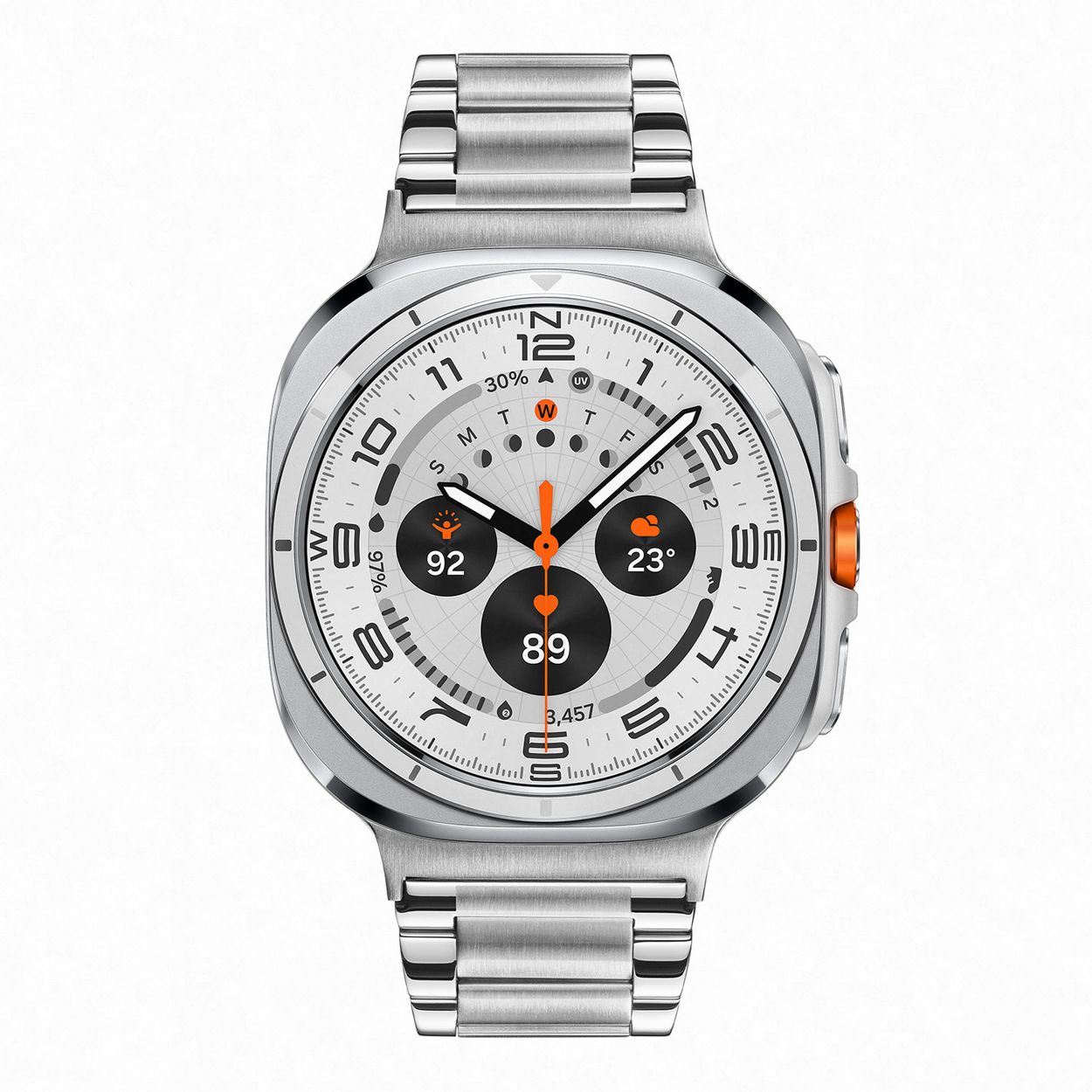 Samsung Galaxy Watch Ultra LTE Wit Zilverkleurig  47mm 
De Galaxy Watch combineert de uitstraling van een luxe horloge met de geavanceerde functies van de SAMSUNG smartwatches. De Galaxy Watch Ultra is de smartwatch met Wear OS van SAMSUNG en heeft genoeg power voor de hele dag dankzij de 3nm-processor. Navigeer nauwkeurig met Dual-Frequency GPS. Houd je hartslag, work-outs en slaap bij met de geavanceerde BioActive Sensor. Galaxy AI gebruikt deze gegevens om waardevolle inzichten over je gezondheid te geven en je welzijn te verbeteren met Energy Score en Wellness Tips. De Galaxy Watch is niet alleen zeer stijlvol, maar ook gebruiksvriendelijk. Nooit meer verdwaald dankzij onze nauwkeurigste gps ooit op een Galaxy Watch. De Galaxy Watch is stof- en spatwaterdicht en 10ATM gecertificeerd. De extra features, zoals het kompas, hartritme sensor, cycles meter, slaapmeter en nog heel veel meer maken de Galaxy Watch Ultra nog completer.

De Galaxy Watch heeft een Always On-display, waardoor je geen knop hoeft in te drukken om de tijd weer te geven. Het Super AMOLED-display kan ingesteld worden op een continue tijdsweergave, zodat dag en nacht te zien is hoe laat het is.

Highlights:
- Geschikt voor Android  
- De Galaxy Watch Ultra heeft een IP68-certificering. Het horloge is 10ATM
- Dankzij de ingebouwde speaker en microfoon, kan er ook gebeld worden met het horloge
- Ontvang alle berichten van je telefoon op je horloge en reageer direct met quick reply’s
- Herkent meer dan 90 verschillende activiteiten
- Door de verschillende meters en tellers is het mogelijk om onder andere de hartslag, stappen, snelheid, slaap, luchtdruk, stress, hoogte- en diepte te meten
- D.m.v. de ingebouwde GPS, is het mogelijk om offline te navigeren (zonder dat de telefoon in de buurt is)
- Luister zonder smartphone naar muziek met Spotify premium
- Contactloos betalen met de LTE modellen
- Virtueel voice assistent
- NFC contactloze communicatie