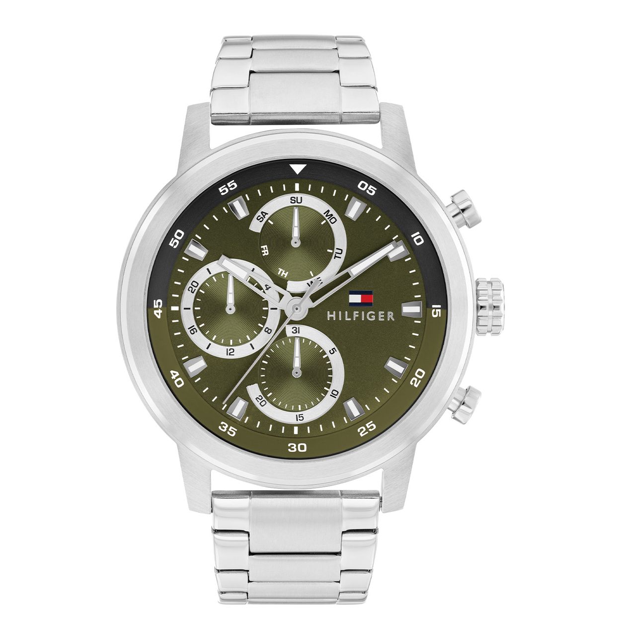 Tommy Hilfiger TH1792180 Horloge Heren 46mm
Dit specifieke horloge van Tommy Hilfiger uit de Rocky serie met artikelnr: TH1792180 is een sportief herenhorloge die niet in je collectie mag ontbreken. Het herenhorloge heeft een ronde stalen kast met een gladde bezel en een groene sunray wijzerplaat met een dag,- datum en 24-uursaanduiding. Opvallend zijn de zilveren accenten en de met lumibrite ingelegde wijzers en uurstrepen. Aan de kast zit een stalen schakelband met vouwsluiting. Het horloge heeft een mineraalglas, een afmeting van 46mm en is 5ATM.  

Het merk:
Sinds de lancering van het merk in 1985 is Tommy Hilfiger wereldwijd bekend geworden als pionier van de klassieke Amerikaanse coole stijl. Geïnspireerd door de iconische popcultuur en het Amerikaanse erfgoed. De dames en herencollectie van dit seizoen bestaan uit minimalistische silhouetten en rustieke lederen details. De herenhorlogecollectie biedt iconische uurwerken met roestvrijstalen, lederen en siliconen banden.

Specificaties:
- Mineraalglas
- Ronde kast 46mm
- Stalen horlogekast
- Groene wijzerplaat
- Stalen schakelband 
- 5ATM
