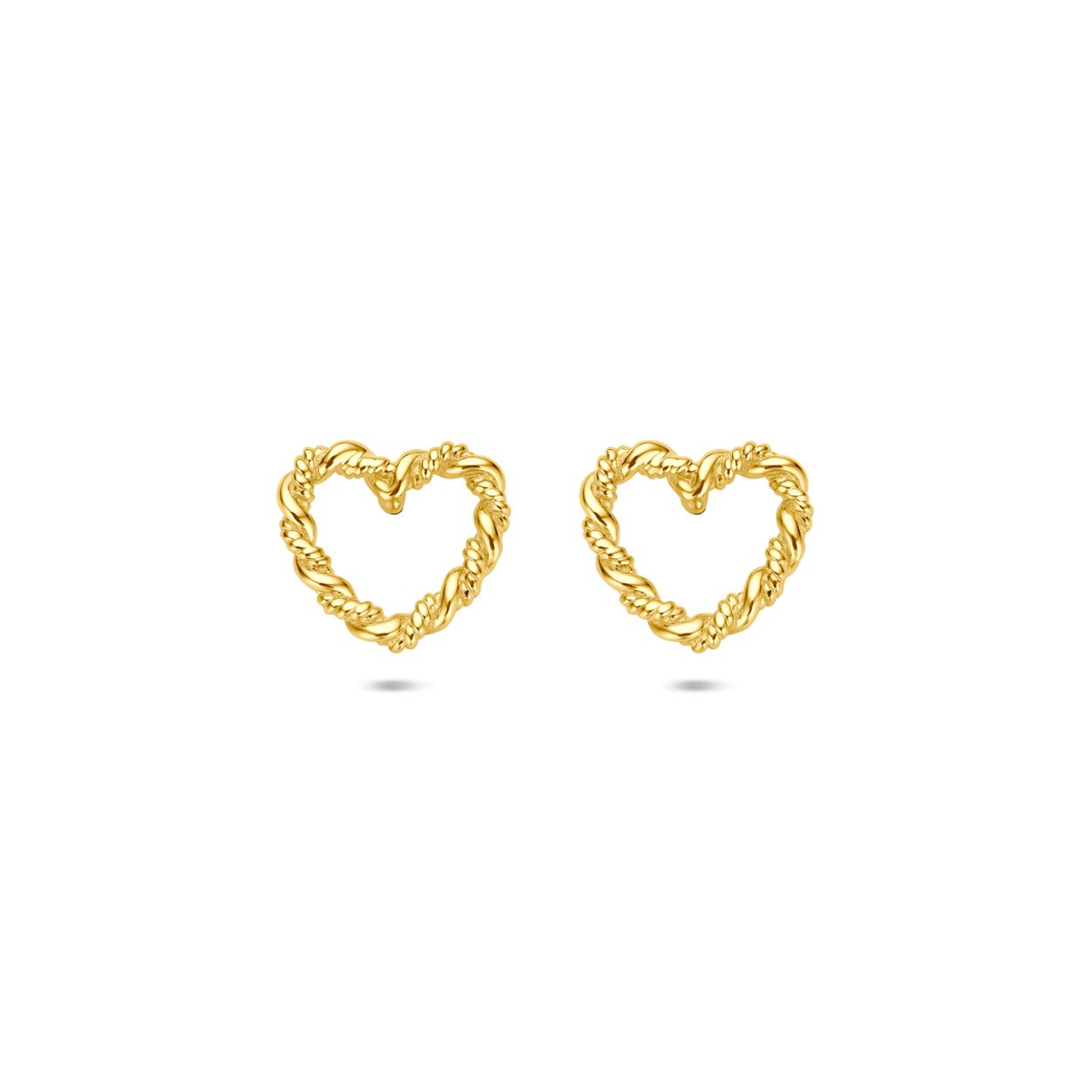 14k Geelgouden oorknoppen uitgevoerd met hartjes. De oorknoppen hebben een afmeting van 8.5x9.5mm.