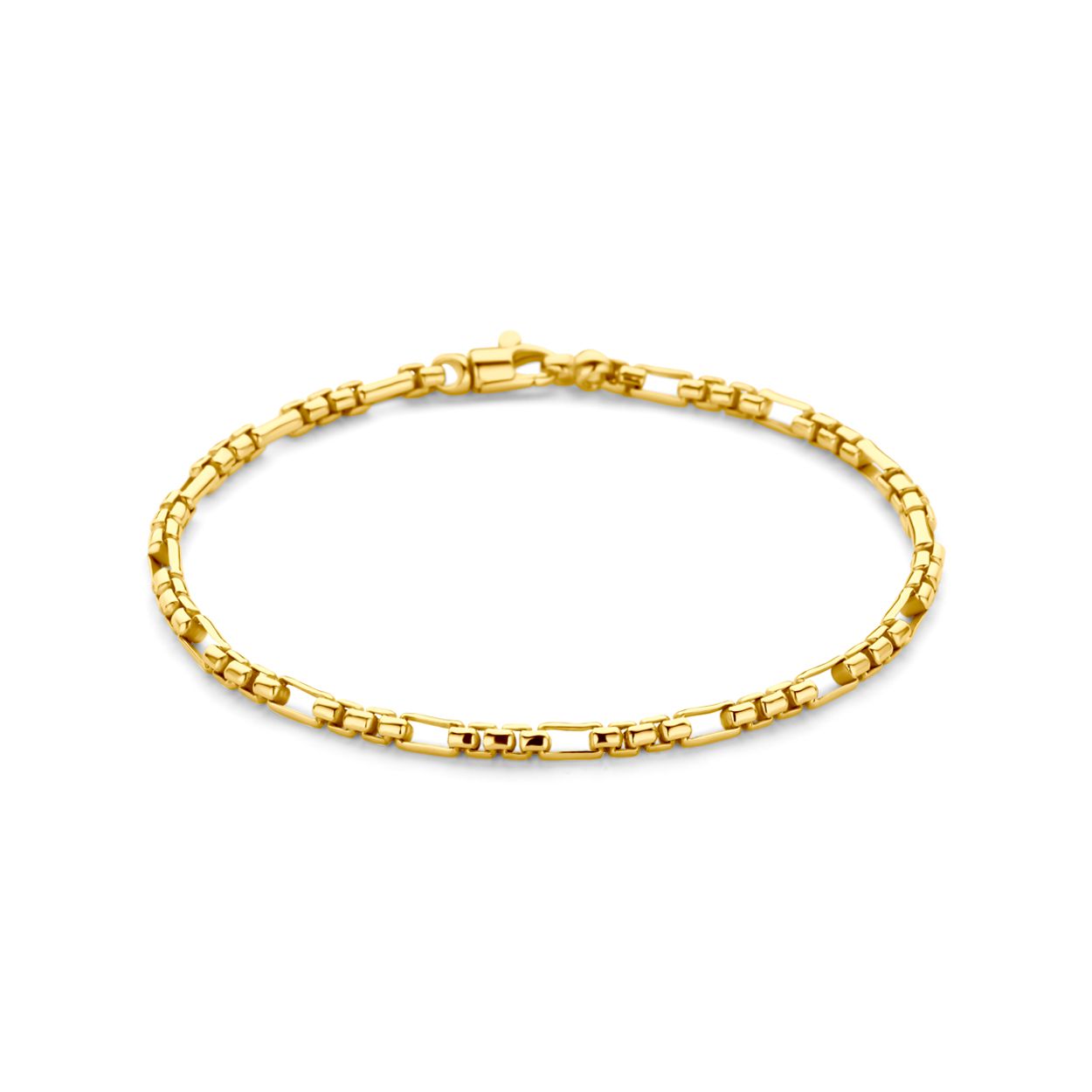14k Geelgouden armband met een kern van 925 zilver. De armband heeft een schakelbreedte van 3.0mm en een draaglengte van 19cm. Uitgevoerd met karabijnsluiting.