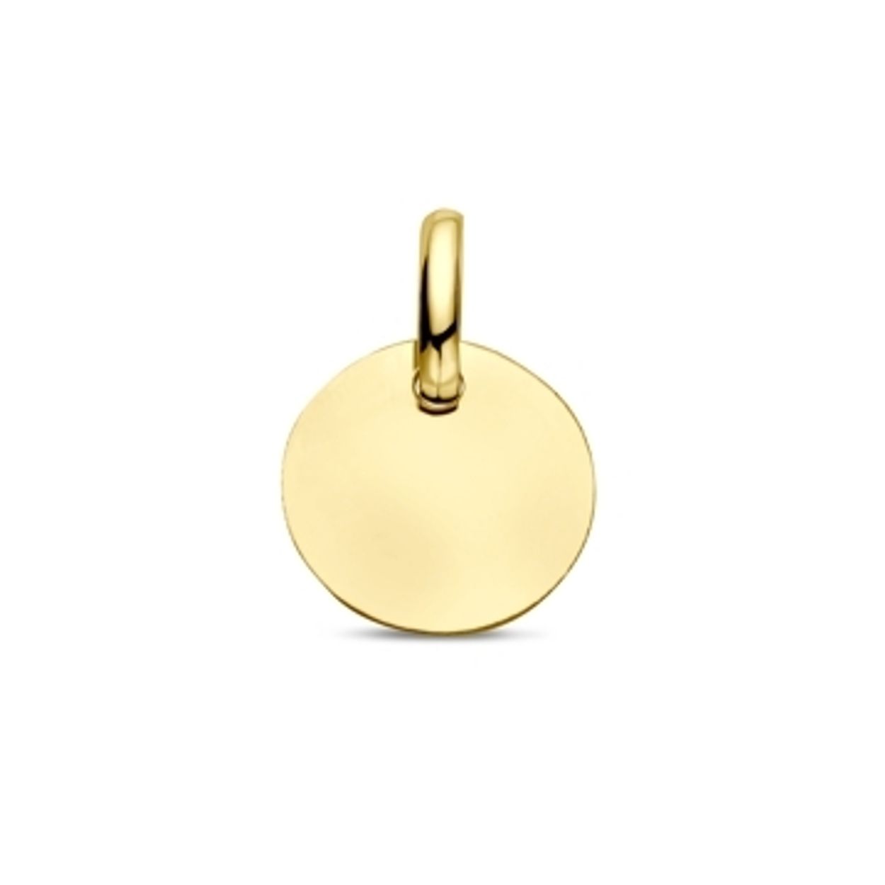 9k Geel kleurig graveerhanger. De graveerhanger heeft een diameter van 10 mm. De graveerhanger heeft een totale hoogte van 15 mm.