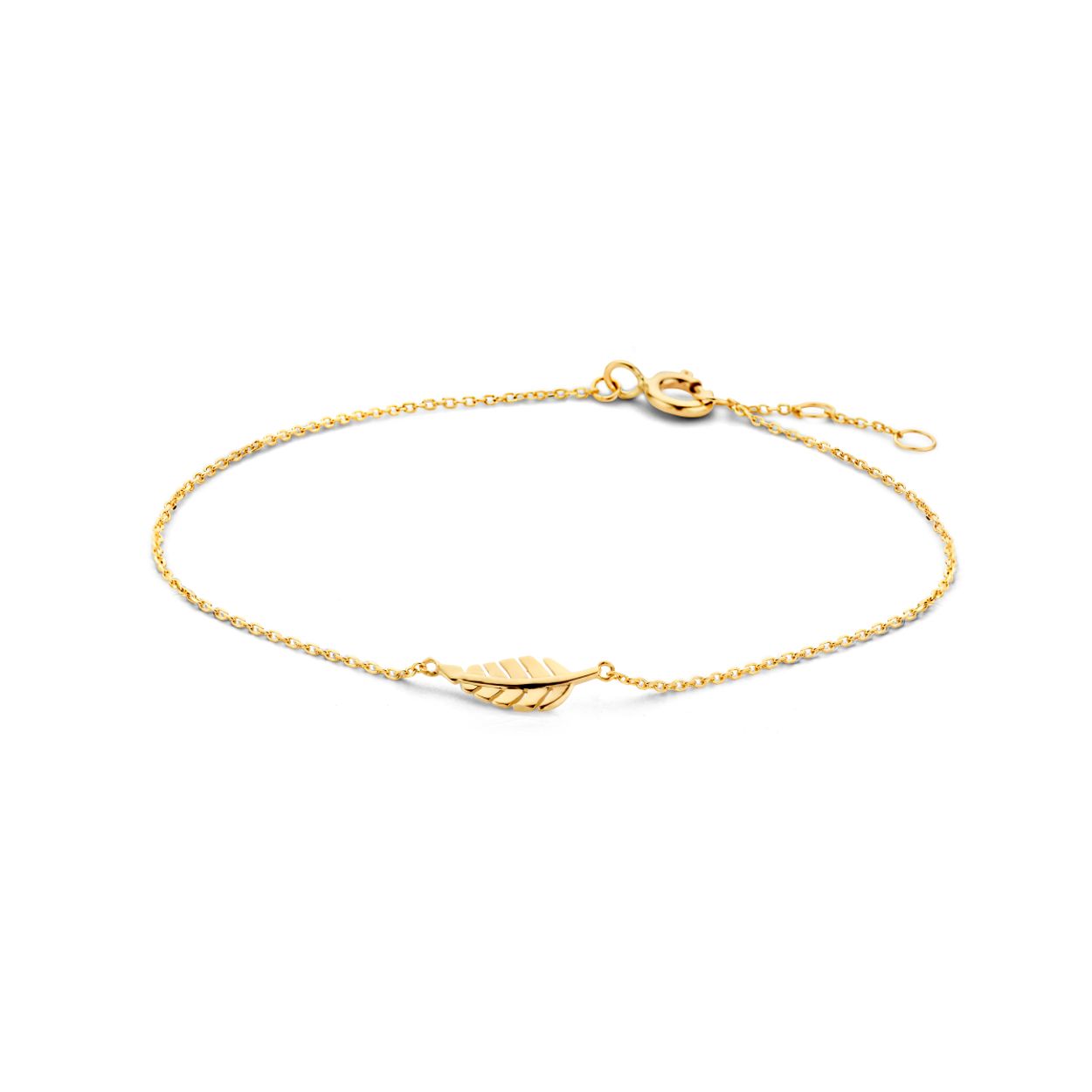 9k Geel kleurige armband uitgevoerd met een veer. De armband heeft draaglengtes van 16-17-18cm.