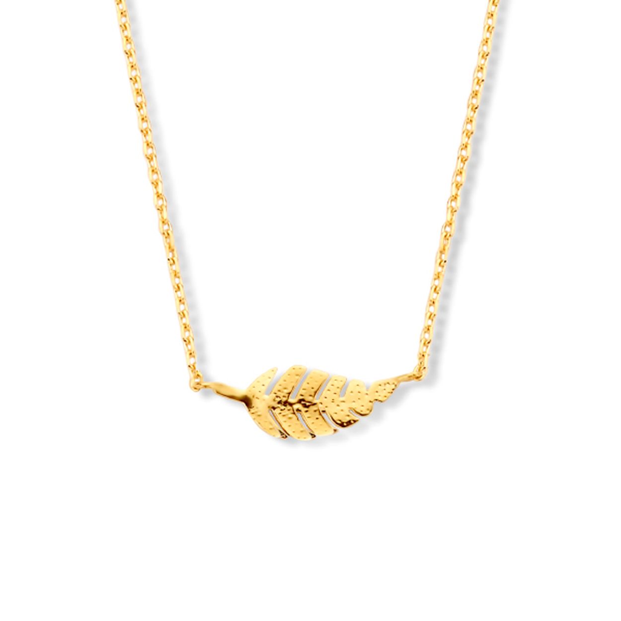 9k Geel kleurige collier uitgevoerd met een veer. Het collier heeft draaglengte van 40-42-44cm.