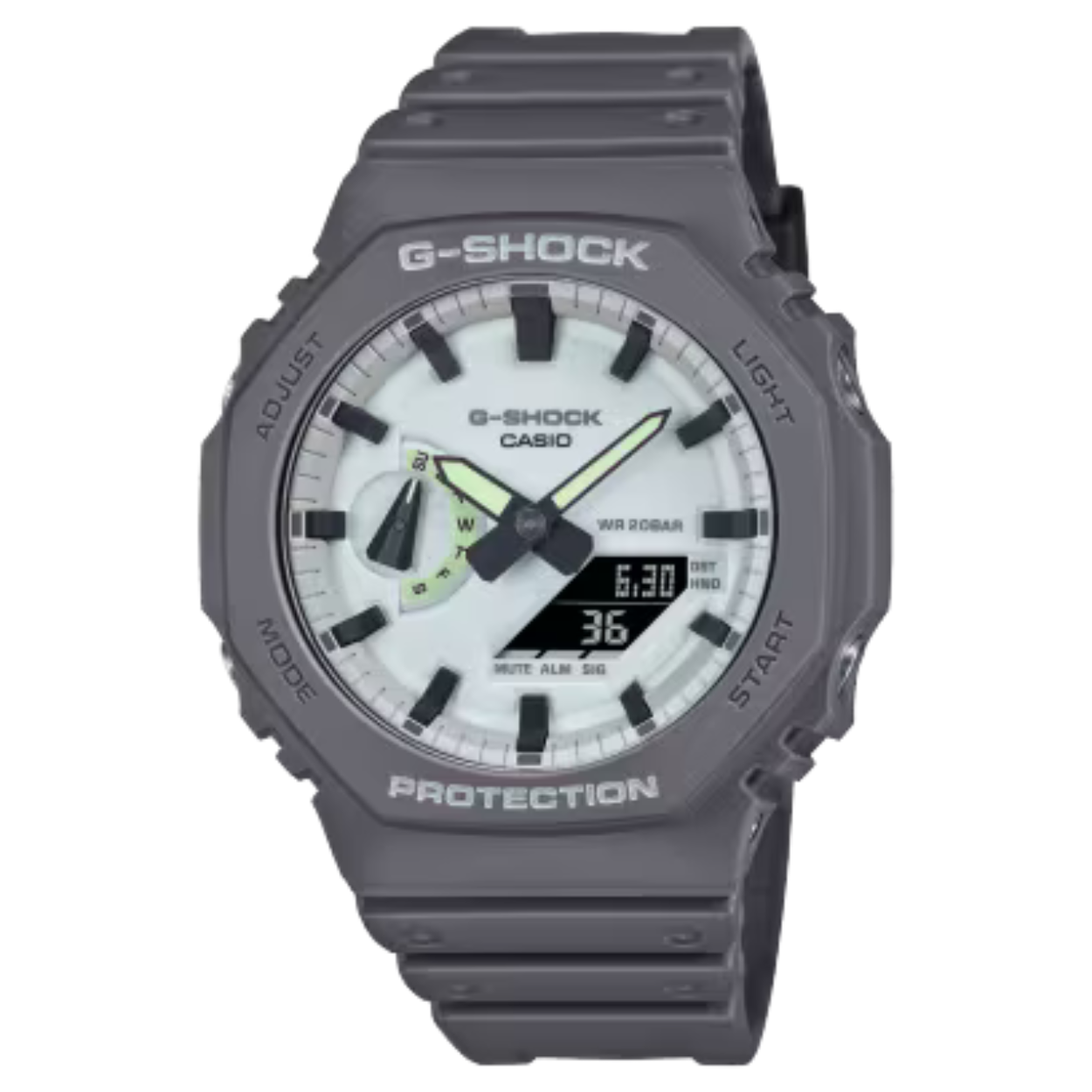 De CASIO G-SHOCK GA-2100HD-8AER HIDDEN GLOW is een stoer en stijlvol horloge dat perfect is voor de avontuurlijke man die houdt van duiken en andere watersporten. Met een waterdichtheid van 20 bar is dit horloge geschikt voor diepzeeduiken en andere wateractiviteiten.

Dit horloge heeft een analoge tijdaanduiding en werkt op een betrouwbaar quartz uurwerk. De diameter van de kast is 45 mm en de hoogte is 12 mm, waardoor het horloge een robuuste uitstraling heeft. De behuizing van het horloge is rond van vorm en heeft een stoere antraciet kleur. Het materiaal van de behuizing is kunststof, wat zorgt voor een lichtgewicht en comfortabel draagcomfort.

De wijzerplaat van het horloge is wit van kleur en het glas is gemaakt van mineraal, wat zorgt voor een goede bescherming tegen krassen en stoten. De band van het horloge is grijs van kleur en gemaakt van kunststof, wat zorgt voor een duurzaam en flexibel materiaal. De sluiting van de band is een gesp, waardoor het horloge gemakkelijk om en af te doen is.