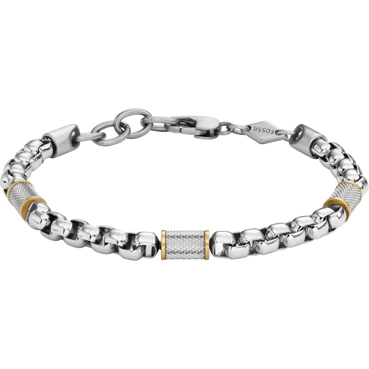 Deze schakelarmband is gemaakt van tweekleurig roestvrij staal en heeft een karabijnsluiting.

De inspiratie van Fossil komt van de Amerikaanse creativiteit en vindingrijkheid. Dit leidt al sinds 1984 tot horloges en accessoires van mooie kwaliteit en met modieuze uitstraling.