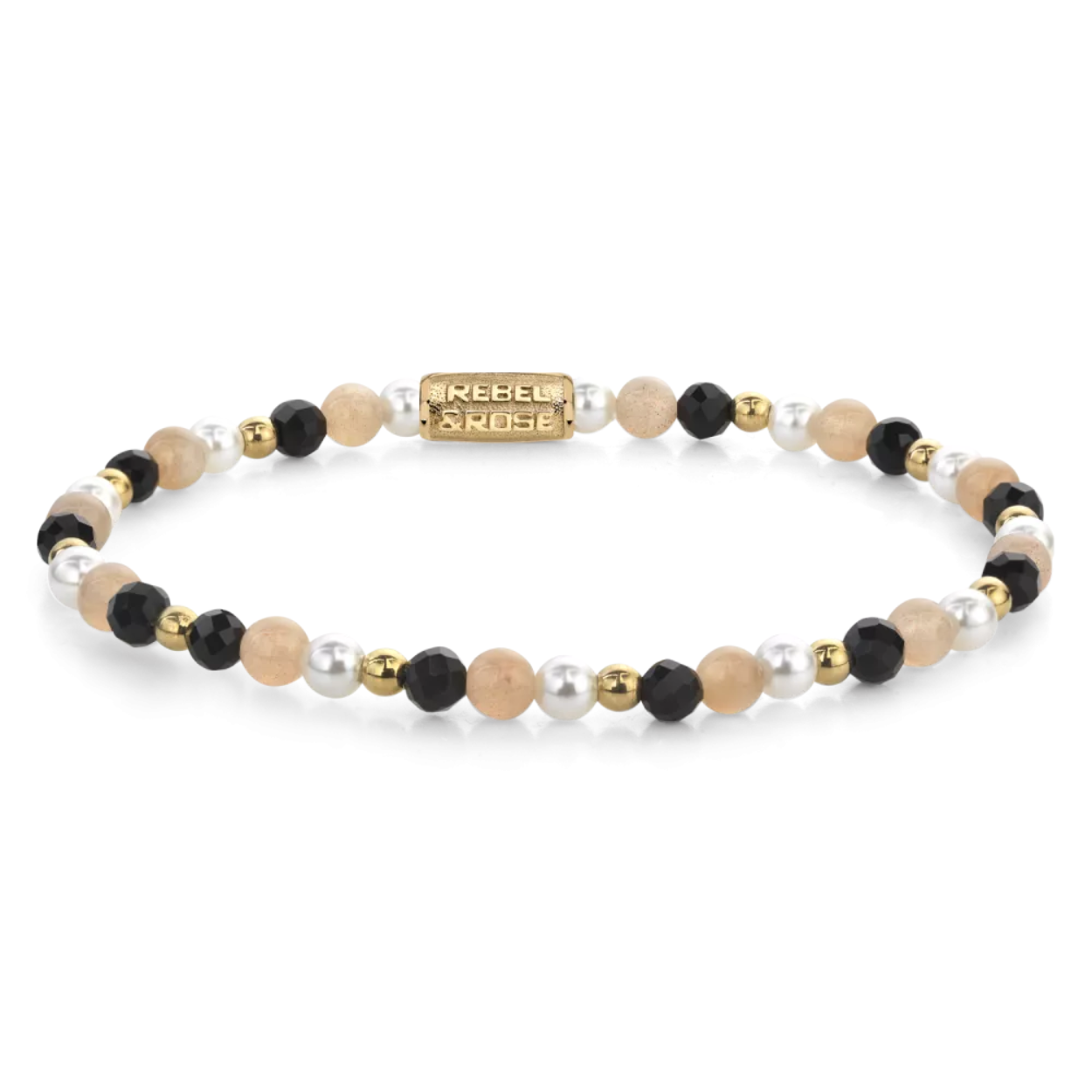 Armband van het merk Rebel & Rose. De armband heeft een hoogwaardige elastische stretch koord, met 4mm van Black Spinel, Shell Pearl, Zonnesteen, RVS 18kt ion-gold plated.