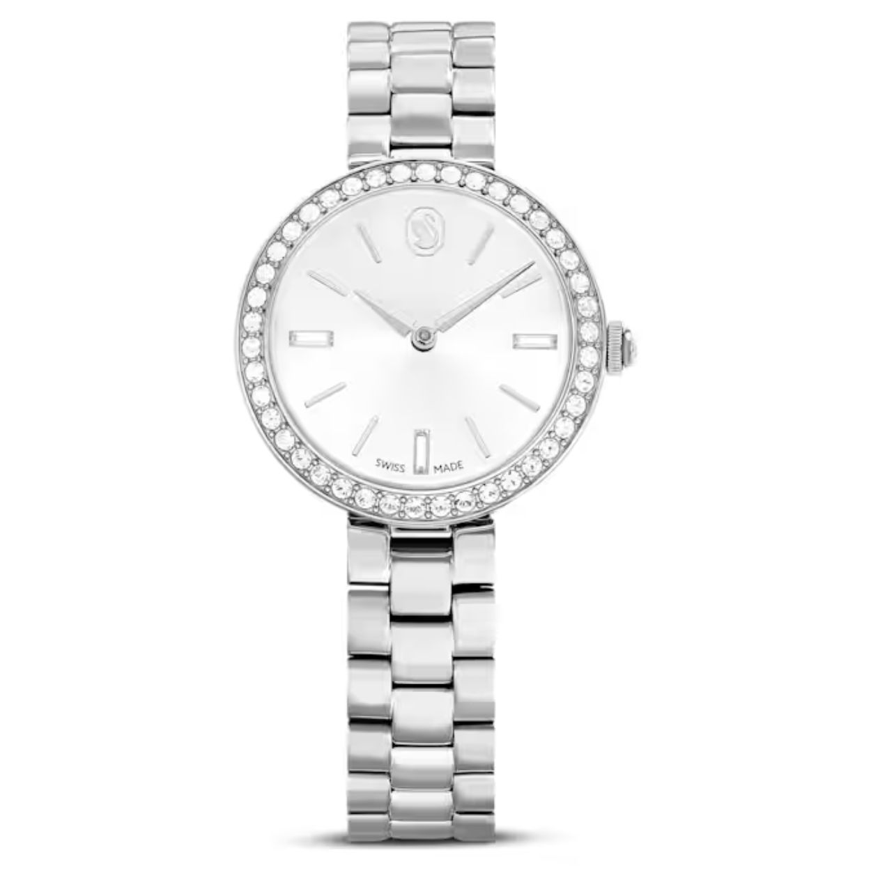 Dit Certa-horloge combineert de stralende glinstering van Swarovski met eigentijds design en is de perfecte combinatie van vakmanschap en functionaliteit. De edelstalen kast van 30 mm is voorzien van een lunette bezet met een glinsterend pavé van 42 kristallen. Op de stralende sunray wijzerplaat met zonnestraalpatroon prijken een elegant zwaanlogo ter hoogte van de 12 en drie uuraanduidingen met kristallen in Baguette-slijpvorm. In de kroon is een kristal gezet en de metalen armband met drie schakels zit comfortabel om de pols. Dit Swiss Made horloge is waterbestendig tot 50 meter en vormt een tijdloze keuze als aanvulling op uw dagelijkse stijl.
