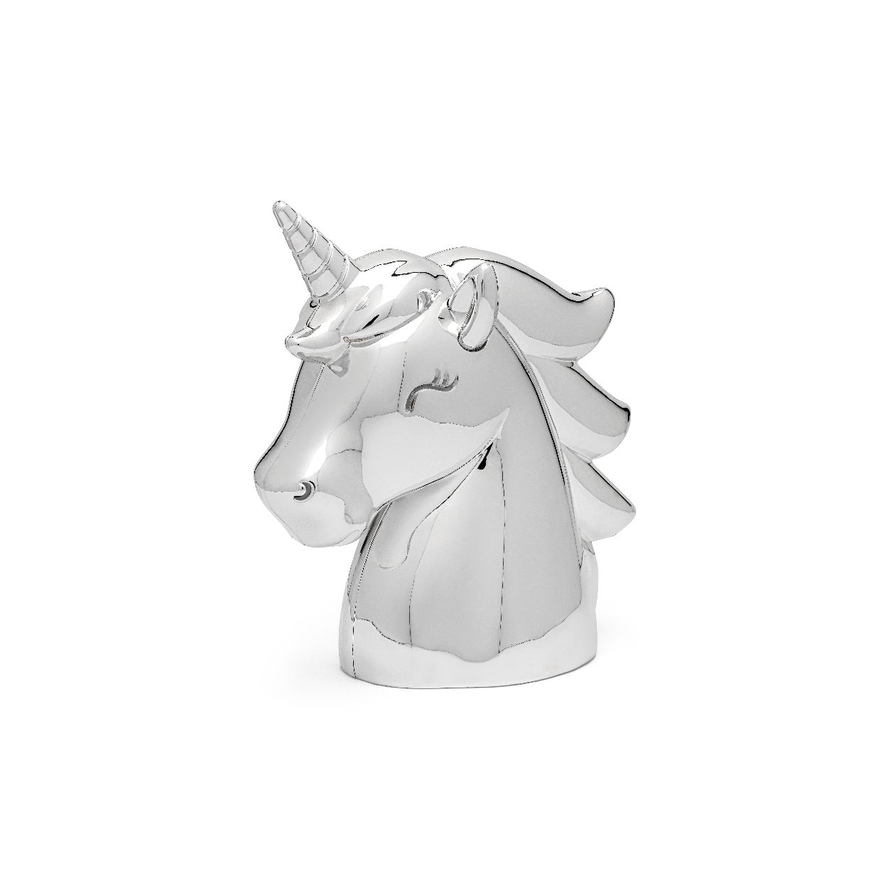 Deze spaarpot is van het merk Zilverstad. De spaarpot is in de vorm van een eenhoorn en is zilver van kleur.