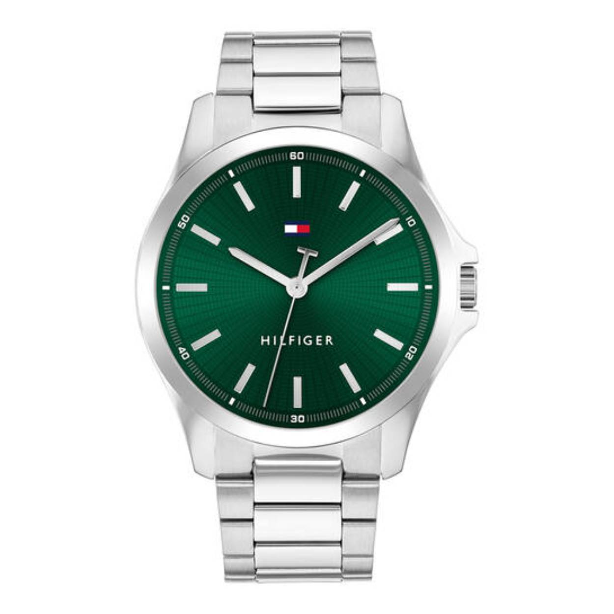 Tommy Hilfiger TH1710672 Horloge Heren Staal Zilverkleurig 43mm
Dit specifieke horloge van Tommy Hilfiger uit de Bruce serie met artikelnr: TH1710672 is een sportief herenhorloge die niet in je collectie mag ontbreken. Het stalen herenhorloge heeft een zilverkleurige ronde kast met een gladde bezel en een groen geborstelde sunray wijzerplaat. Aan het horloge zit een zilverkleurige schakelband met een vouwsluiting. Het horloge heeft een mineraalglas, een doorsnee van 43mm en is 3ATM.  

Het merk:
Sinds de lancering van het merk in 1985 is Tommy Hilfiger wereldwijd bekend geworden als pionier van de klassieke Amerikaanse coole stijl. Ge&iuml;nspireerd door de iconische popcultuur en het Amerikaanse erfgoed. De dames en herencollectie van dit seizoen bestaan uit minimalistische silhouetten en rustieke lederen details. De herenhorlogecollectie biedt iconische uurwerken met roestvrijstalen, lederen en siliconen banden.

Specificaties:
- Mineraalglas
- Ronde kast 43mm
- Zilverkleurige horlogekast
- Groene wijzerplaat 
- Zilverkleurige schakelband 
- 3ATM