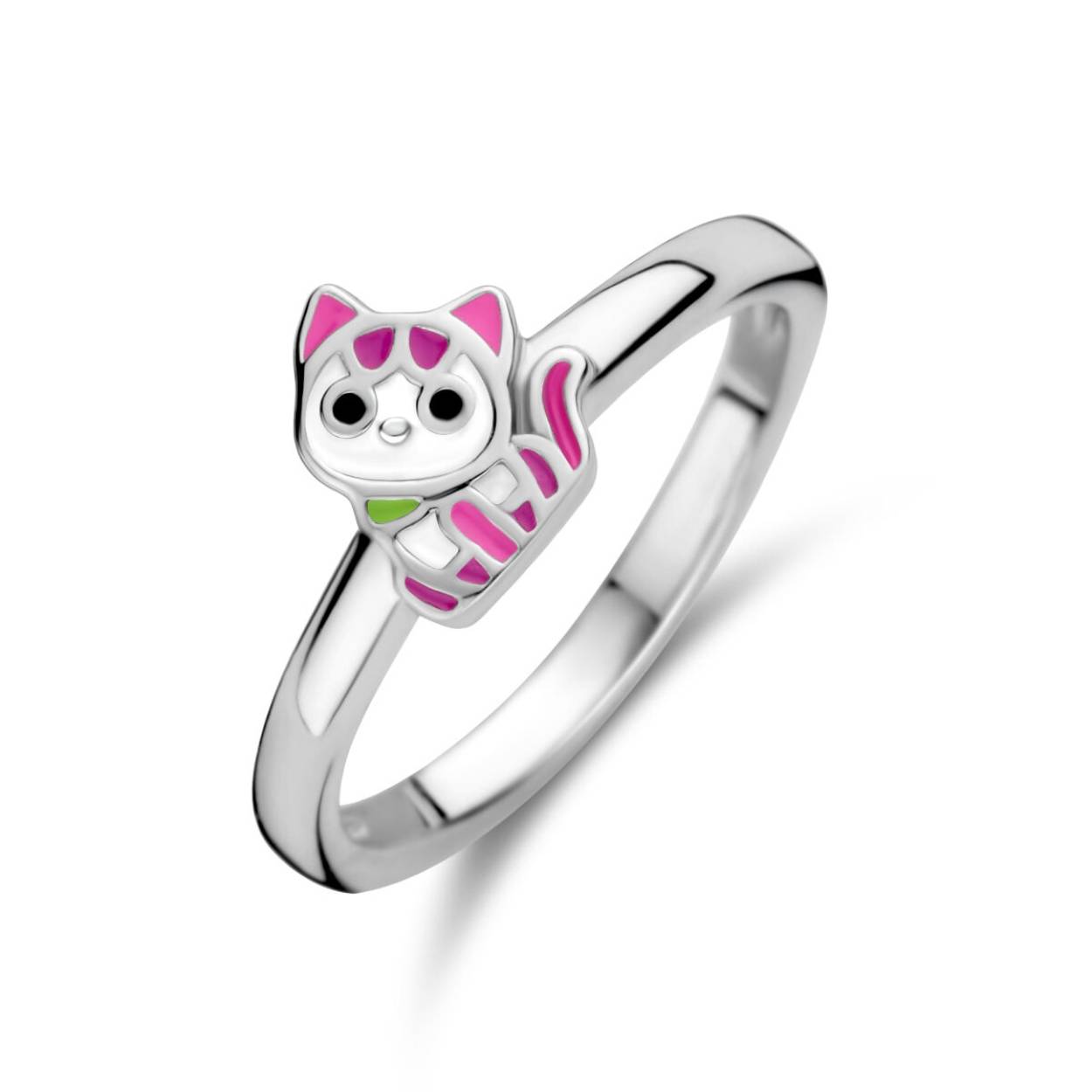 Gerhodineerd 925 zilveren ring met een poes voorstelling. De ring heeft een breedte van 7mm