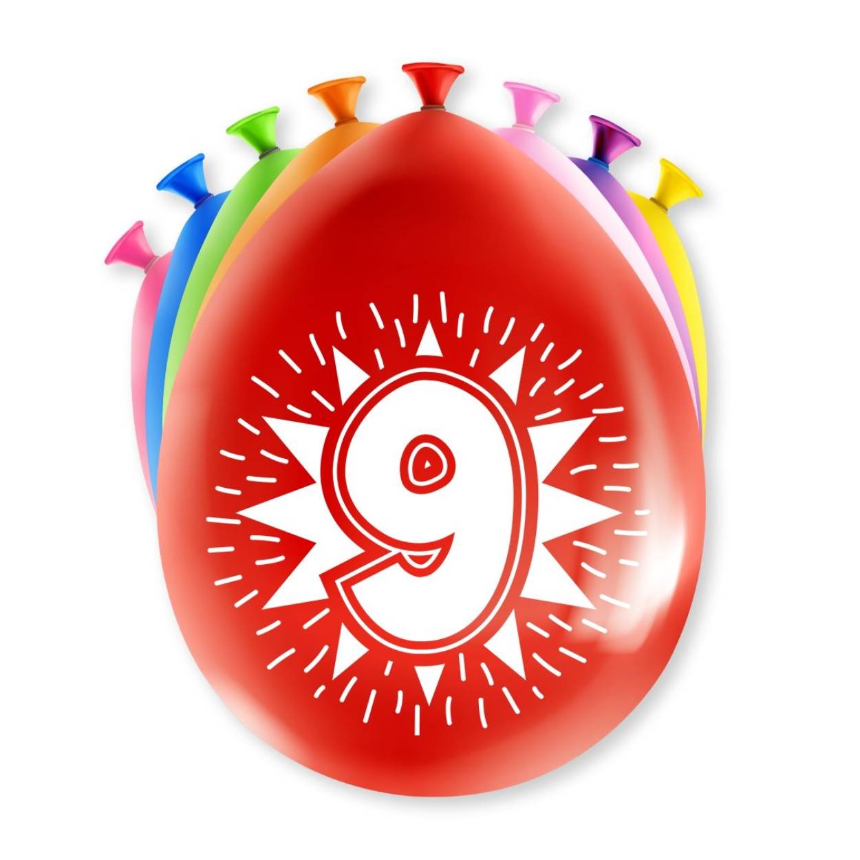 Een feestje kan niet zonder ballonnen en als u party ballonnen met 9 jaar koopt dan krijgt u deze in maar liefst 8 verschillende kleuren! De ballonnen zijn gemaakt van latex en zijn ongeveer 30 bij 30 centimeter groot.