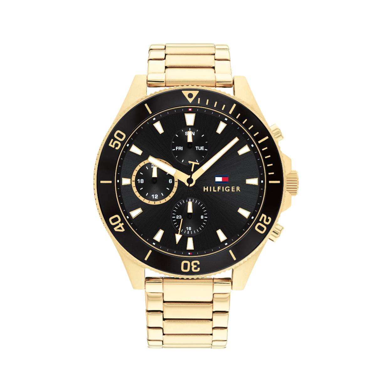 Dit horloge komt uit de Larson collectie.

Dit model van Tommy Hilfiger heeft een quartz uurwerk en een zwarte wijzerplaat. Het horloge heeft een mooie goudkleurige stalen band.
Het horloge is 5 atm waterdicht (regen en spatwaterdicht).