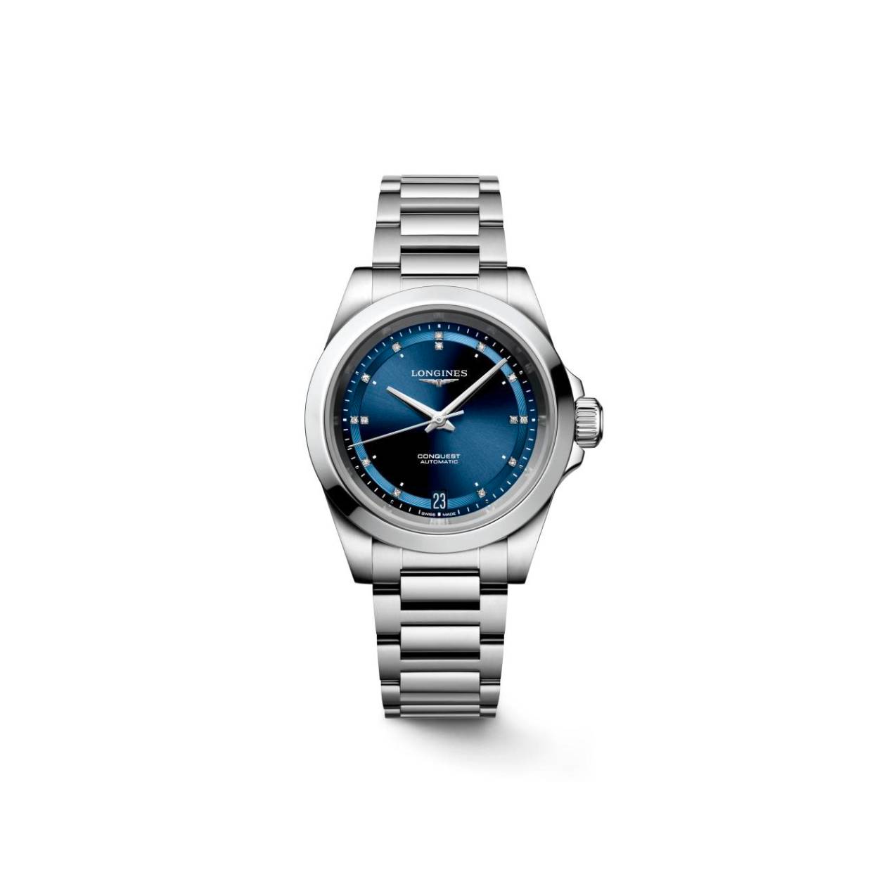 Dit Longines horloge behoort tot de Conquest collectie.
Referentienummer: L3.430.4.97.6 

De Longines is voorzien van een automatisch uurwerk met een gangreserve van 72 uur. De kast en band zijn gemaakt van roestvrij staal. Het horloge heeft een diameter van 34 mm en is getest op een waterdichtheid van 10 ATM / 100 meter. De blauwe sunray wijzerplaat is versierd met 14 top-Wesselton VS-SI diamanten met een totaal van 0.035ct. Deze elegante wijzerplaat wordt afgeschermd door een krasbestendig saffierglas met meerdere lagen anti-reflecterende coating aan beide zijden en heeft een geschroefd en transparant achterdeksel met saffierglas.

Horloges van Longines met automatische uurwerken genieten van een verlengde fabricagegarantie van 5 jaar. Deze langere garantieperiode onderstreept de uitzonderlijke kwaliteit en het vakmanschap van de automatische uurwerken van Longines.