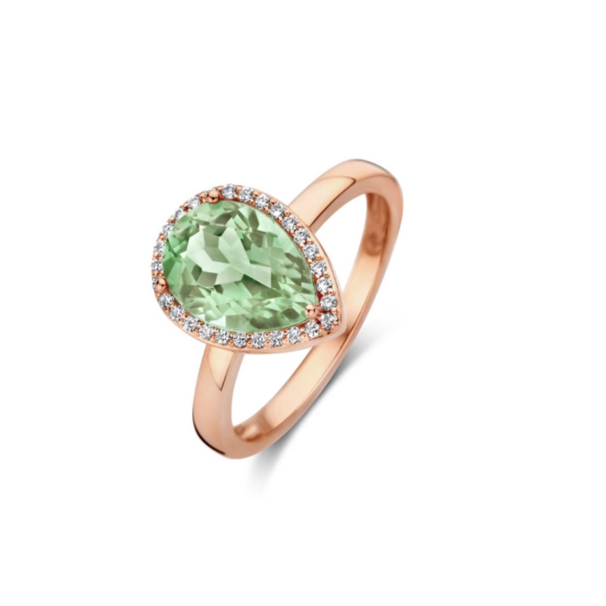 One more ring in 18kt roségoud met prasioliet en 28 diamanten 0.130ct Vs F-G