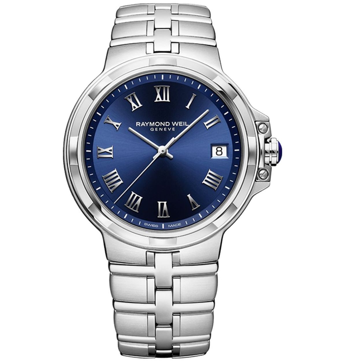 Heren Horloge met blauwe wijzerplaat en zilverkleurige roestvrij stalen schakelband.