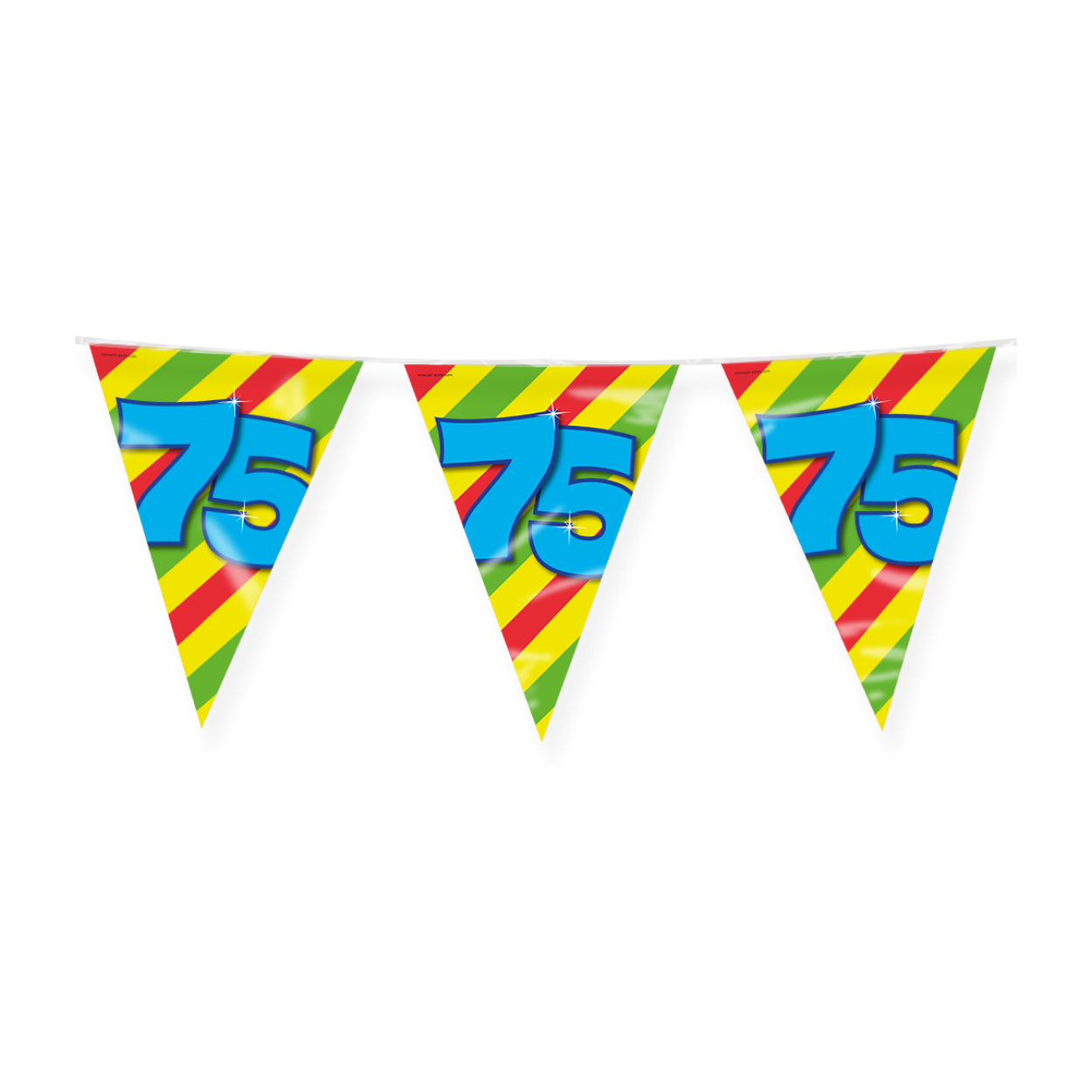 De Happy party flags 75 zijn de ideale versiering op de verjaardag van een 75-jarige. Door de vrolijke kleuren vallen deze party vlaggen dan ook extra goed op! De aan beide kanten bedrukte vlaggetjes zijn gemaakt van folie, hebben een lengte van 10 meter