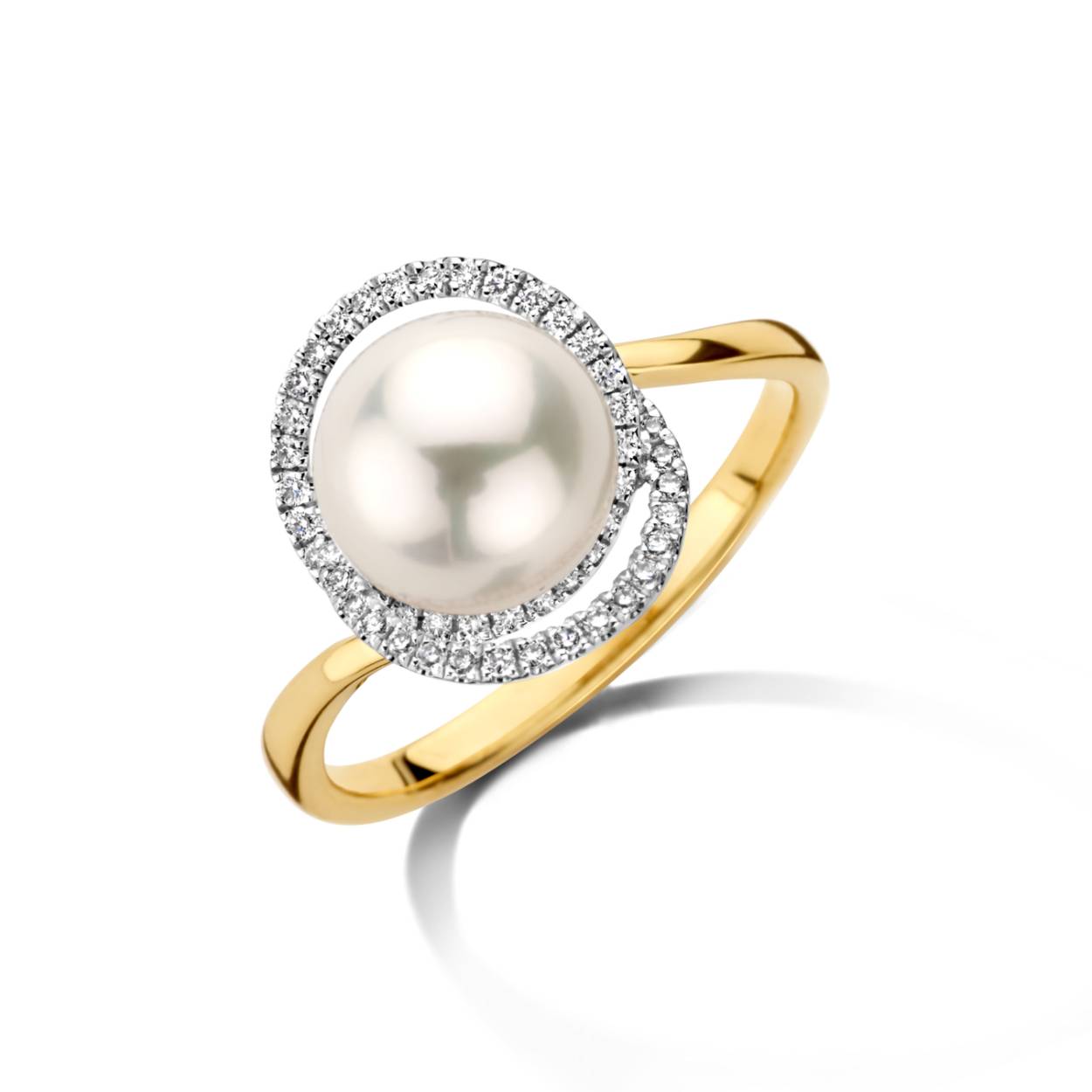 Ring geel goud 18kt met diamanten en parel