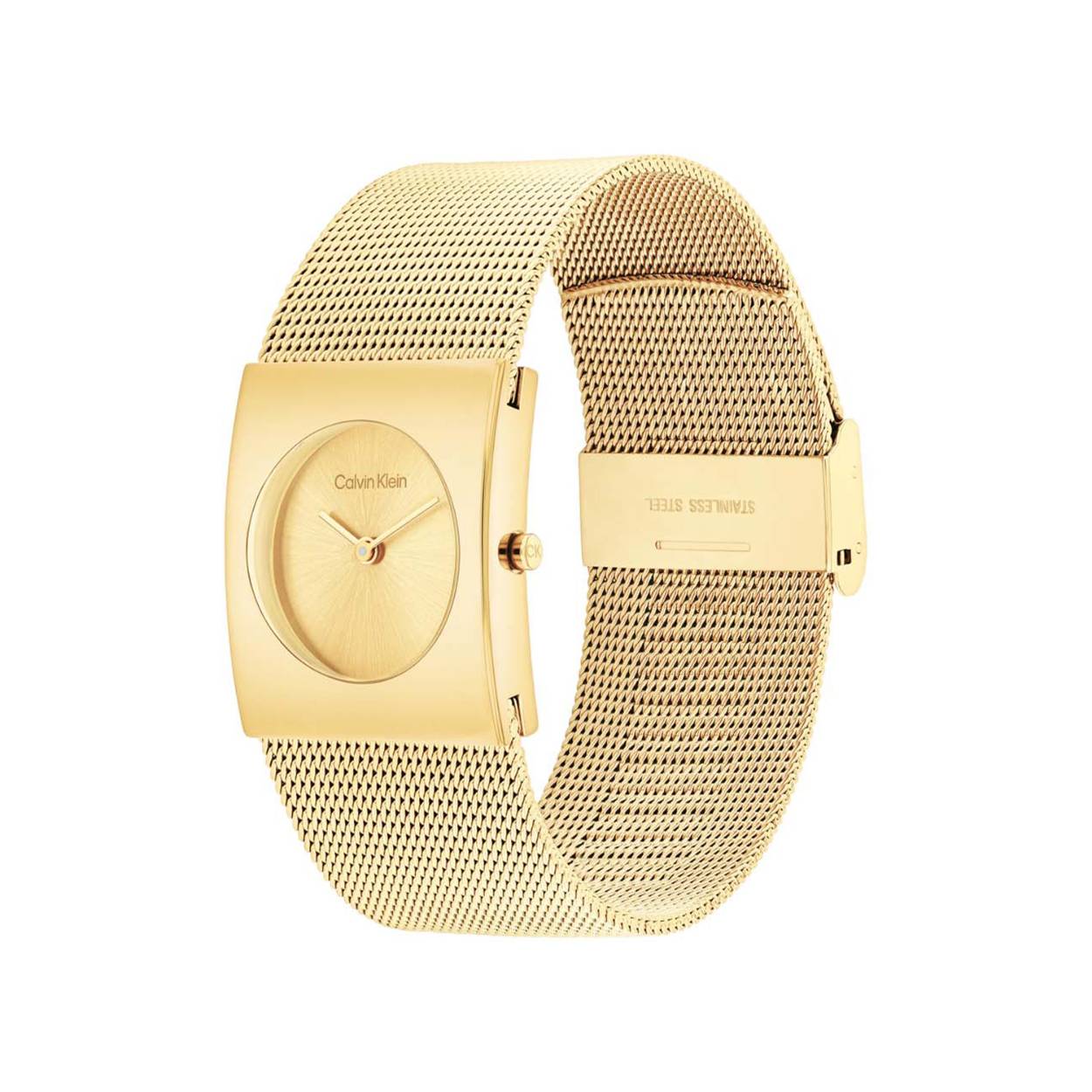 Calvin Klein CK25100062 Dames Staal Horloge 24mm 
Dit Calvin Klein dameshorloge met nr CK25100062 is een chique en stoer ontwerp. De stijlvolle goudkleurige vierkante stalen kast heeft een goudkleurige sunray wijzerplaat met enkel wijzers en de merknaam. Strak aan de vol glimmende kast zit een goudkleurige milanese band met klapsluiting. Het opvallende horloge heeft een mineraalglas, een doorsnee van 24mm en is 3ATM.

OVER CALVIN KLEIN
Calvin Klein is een wereldwijd lifestylemerk dat gewaagde, vooruitstrevende idealen en een verleidelijke, vaak minimalistische, esthetiek nastreeft. Calvin Klein werd groot in de jaren 70 door haar mode- en merkjeans collecties. In de jaren 80 lanceerde Calvin Klein haar spraakmakende ondergoed dat uitdrukkelijk van logo ’s voorzien was. Vanwege het grote succes is het merk ook succesvol uitgerold in Accessoires, Parfums, Home, Brillen, Golf, Horloges en Sieraden.
Sinds de oprichting in 1968 door Calvin Klein, heeft het merk haar reputatie opgebouwd als leider in de Amerikaanse mode, dankzij een cleane esthetiek en innovatieve ontwerpen. Calvin Klein wil haar publiek verleiden en inspireren door middel van provocerende beelden en opvallende ontwerpen die prikkelen. 

SPECIFICATIES:
- Mineraalglas
- Goudkleurige stalen kast
- Goudkleurige sunray wijzerplaat 
- Goudkleurige milanese band
- Rechte kastvorm, Ø 24mm
- 3ATM