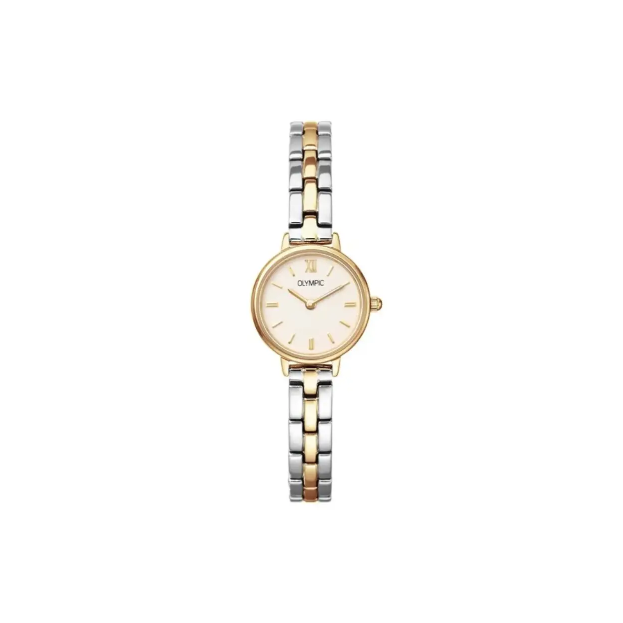 Dit unieke Olympic horloge met artikelnummer: OL82DSS002B is een dameshorloge met een chique uitstraling. Het horloge heeft een ronde stalen kast met een creme wijzerplaat met fijne streepjes. Aan de kast zit een fijne stalen bicolor schakelband met druksluiting. Het horloge heeft een mineraalglas, een doorsnee van 22mm en is 5ATM.