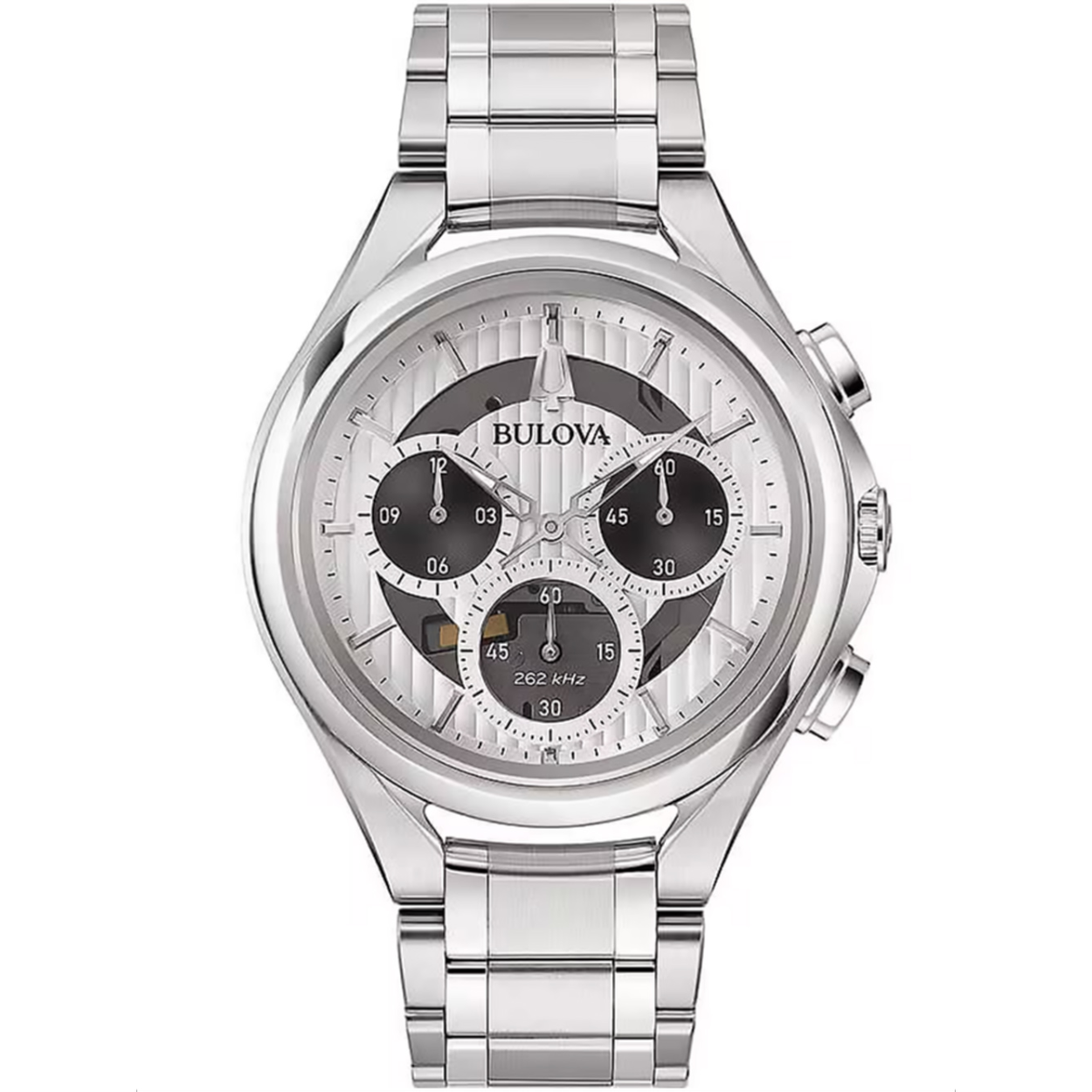 Bulova Curved kast quartz met een frequentie van 262kHz. Het horloge is voorzien van saffierglas zowel voor als achter (open achterkant). 