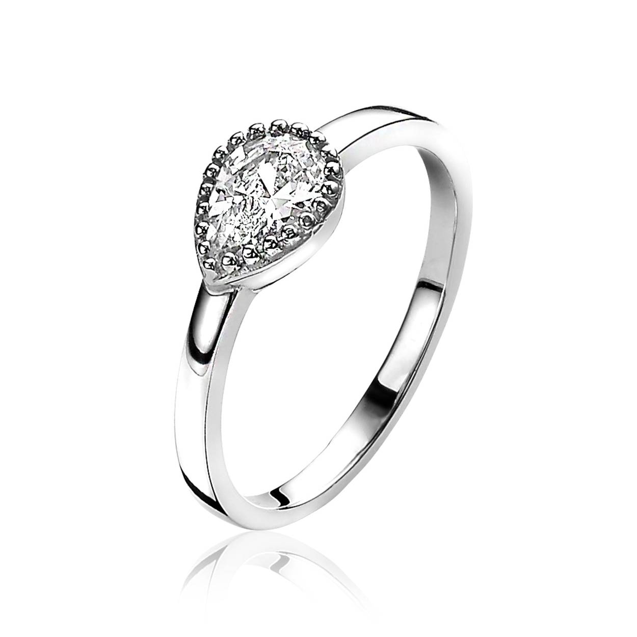 ZINZI zilveren ring met grote peervormige witte zirconia en rondom sierlijke bolletjes zetting. De ring is vervaardigd van eerste gehalte zilver (925) en met extra rodiumlaag voor mooie glans.