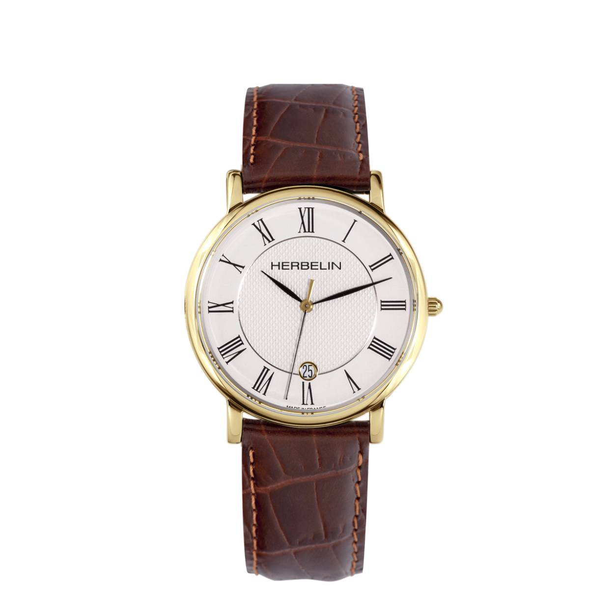 De Classique-collectie is een slimme mix van vakmanschap en tijdloze elegantie.
Dit Herbelin horloge, met een geel gouden PVD kast en een echte bruine leren band, past met onderscheiding om elke pols. De wijzerplaat met Romeinse cijfers weerspiegelt het klassieke karakter van dit ingetogen en traditionele model.