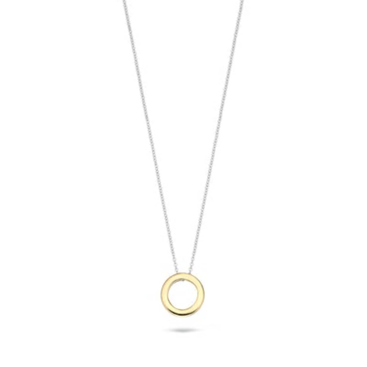 Dit tijdloze collier van 14k wit- en geelgoud heeft een ronde hanger die door de bevestiging altijd plat op de hals ligt. Het collier heeft een lengte van 42 cm en de hanger een doorsnede van 7,2 mm.