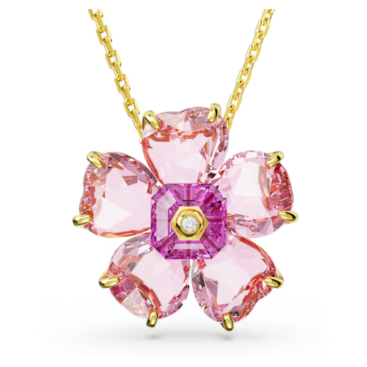 Verrijk uw stijl met de schoonheid van de natuur. Deze vrolijke ketting uit de Florere-lijn is ontworpen met een bloem in volle bloei en voorzien van een goudkleurige toplaag en facetgeslepen roze kristallen. De hanger is gecombineerd met een schuifketting met een enkele schitterende steen aan het uiteinde. 

