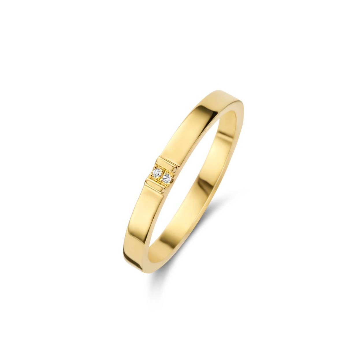 Breek weg, laat de zwaarte van de boeien achter je en laat je ware innerlijke schittering schijnen. Een minimalistische effen band, handset met  2 x kenmerkende witte diamanten, een hartverwarmend vonkje in donkere tijden.