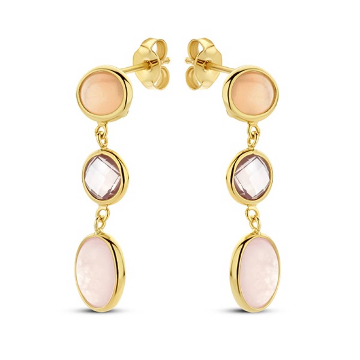 18 kt gouden oorhangers met perzikkleurige maansteen, rozenkwarts en roze jade