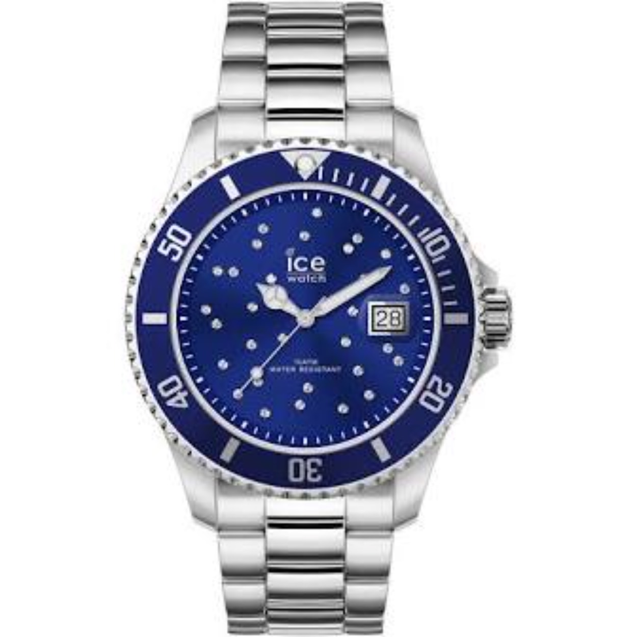 Staal dames horloge met donker blauwe wijzerplaat. horloge heeft een datum en is waterdicht.