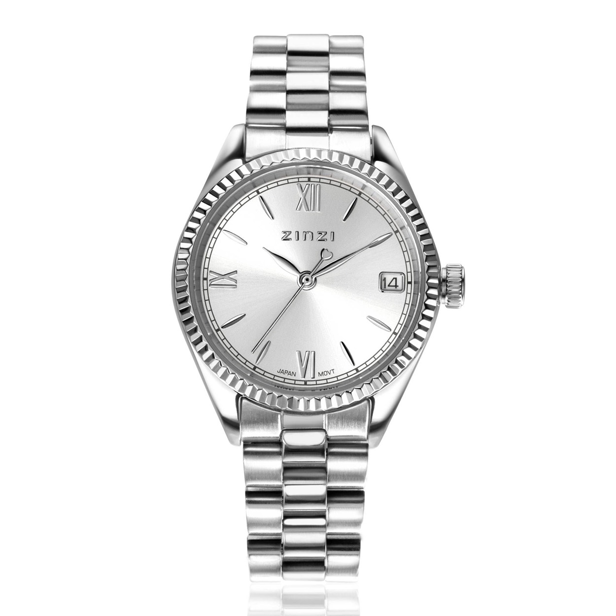 De ICONIC watch van ZINZI heeft een herkenbaar tijdloos ontwerp en een subtiel formaat van 30mm. Voorzien van een opvallende zilverkleurige gekartelde rand rondom het glas, dat zorgt voor een schitterende luxueuze uitstraling. Het dameshorloge heeft een zilverkleurige 'sunray' wijzerplaat met Romeinse cijfers, datum met dag-aanduiding en een stoere stalen band met chique clip-sluiting. Leuk detail: de seconde wijzer met een subtiel hartje. Ook 5atm waterbestendig (tegen regen en spatwater) en met sterk mineraal glas.