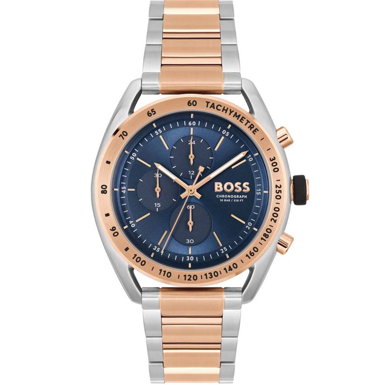 Rosë zilver gekleurd herenhorloge met een blauwe wijzerplaat.