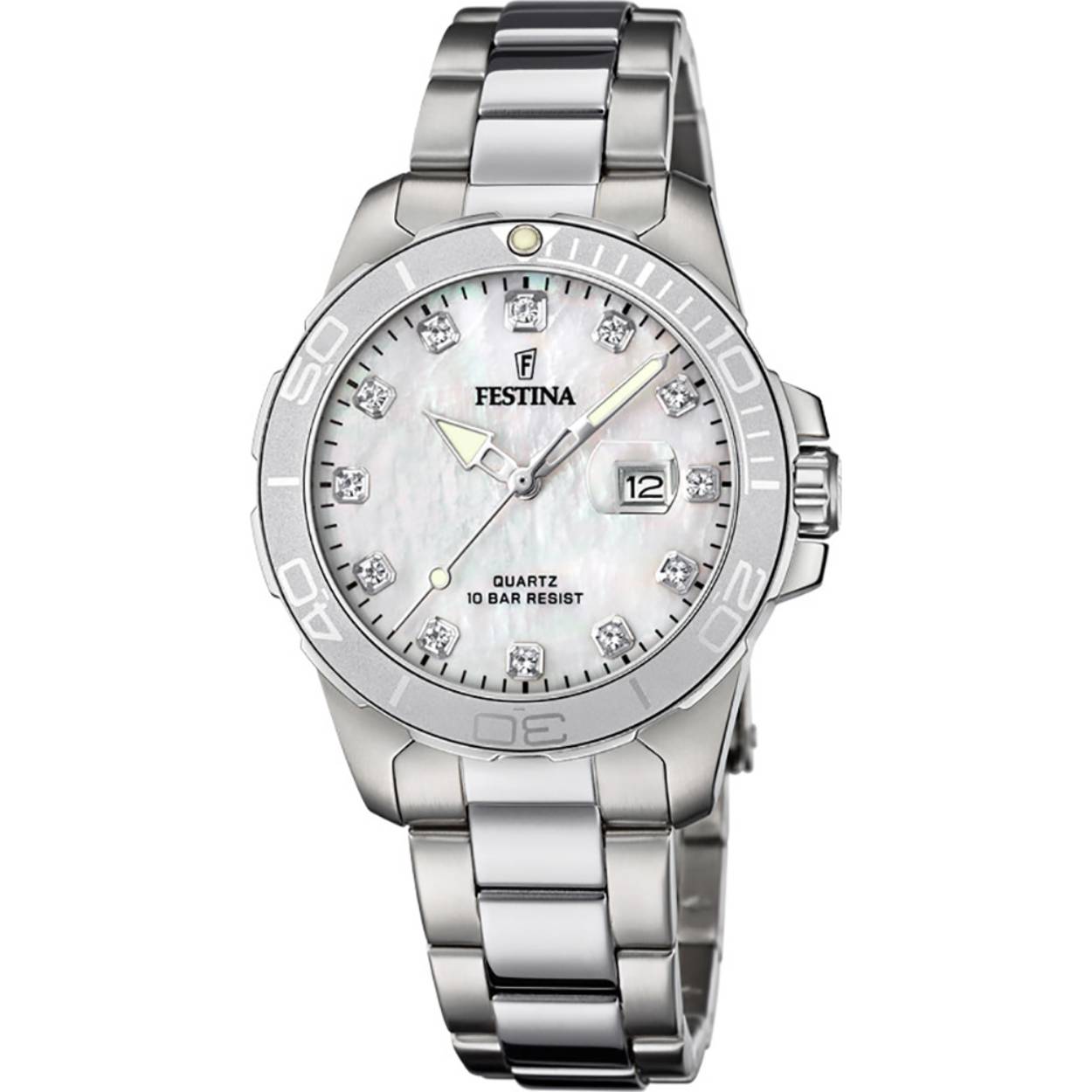 Festina damesuurwerk - Zilverkleurige metalen band en kast - Witte parelmoer wijzerplaat met datumaanduiding en zirkonium steentjes - Waterdichtheid: 10 ATM
