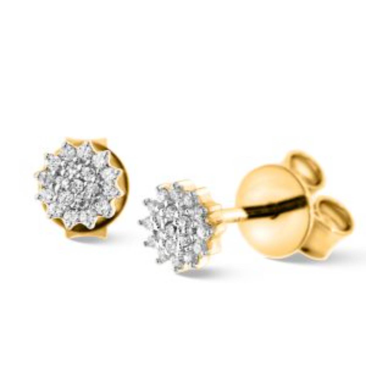 Deze gouden rozet oorknoppen is gemaakt van 14 karaat geelgoud en de prachtige diamanten, briljant geslepen zijn gezet in een witgouden zetting. Deze set kunt u ook compleet maken met bijpassende hanger en ring.