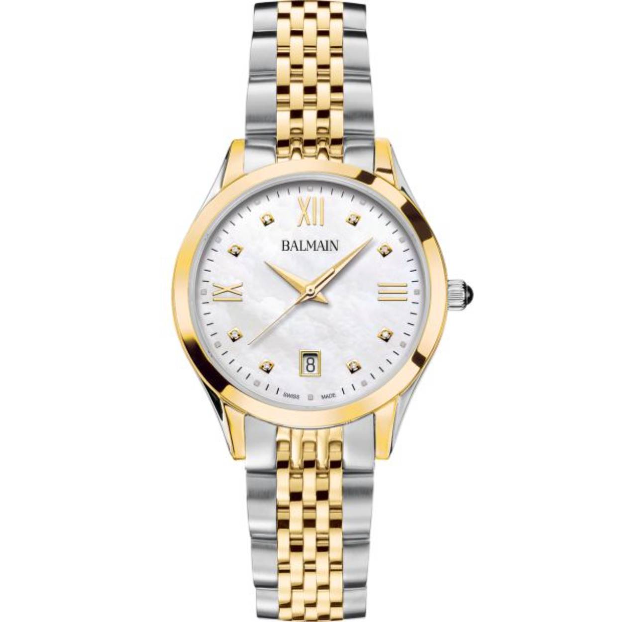 De Balmain Classic R is een verfijnd dameshorloge dat gedurfde elegantie combineert met een modern ontwerp ge&iuml;nspireerd op de Parijse Haute Couture. De witte parelmoeren wijzerplaat, bezet met acht Top Wesselton VS-SI diamanten van in totaal 0,030 karaat en klassieke romeinse indexen voegen een levendige, artistieke touch toe, terwijl de 34 mm tweekleurige roestvrijstalen en geelgouden PVD kast met zijn verfijnde 6,80 mm profiel en bijpassende armband alledaagse gratie biedt. Dit horloge van Zwitserse makelij is voorzien van saffierglas.