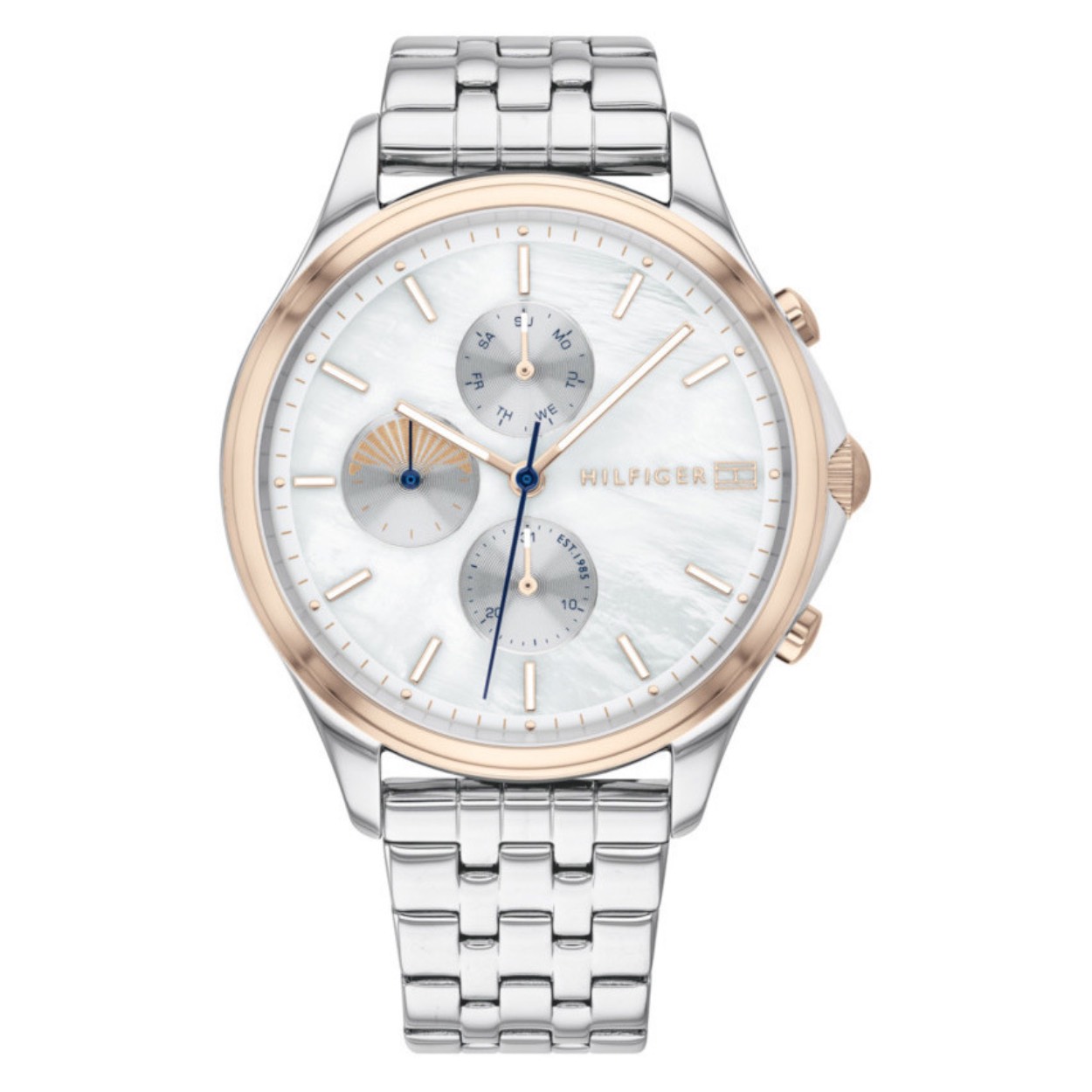 Dit luxe dames horloge is van Tommy Hilfiger. Het horloge is voorzien van een stalen band en een parelmoer wijzerplaat. Het horloge is een multifunctie en de diameter van de horlogekast is 38 mm. 
HET MERK
Tommy Hilfiger is wereldwijd ��n van de grootste designer lifestyle merken en is internationaal bekend om haar classic American cool stijl. De horloges zijn voor dames en heren met een eigen stijl, die niet bang zijn om dit aan de wereld te laten zien.

SPECIFICATIES
- Mineraal glas
- Ronde kastvorm � 38 mm
- Stalen horlogekast 
- Parelmoer wijzerplaat 
- Stalen horlogeband