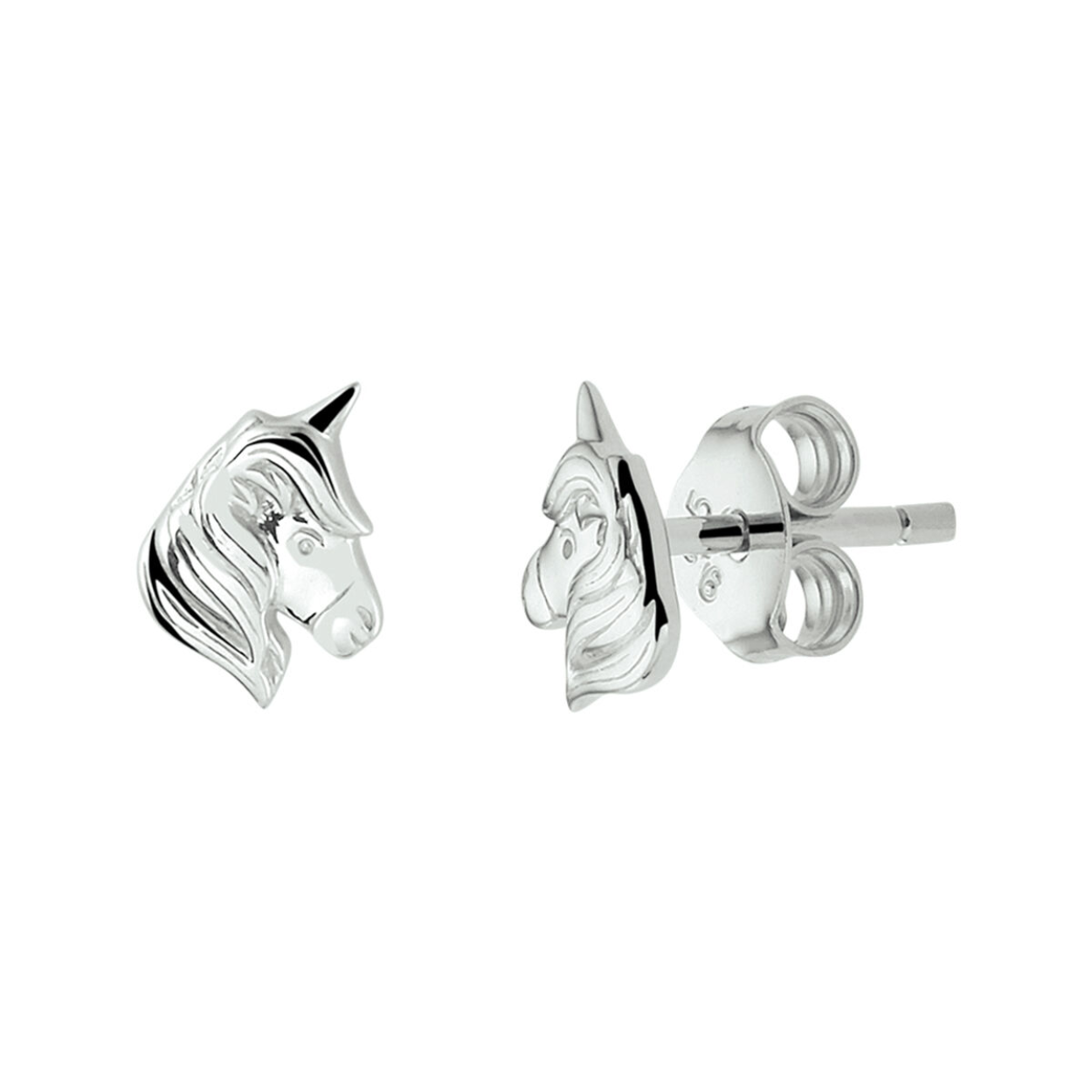 Gerhodineerd 925 zilveren oorknoppen in de vorm van een eenhoorn. De oorknoppen hebben een afmeting van 7.5x5.5mm.