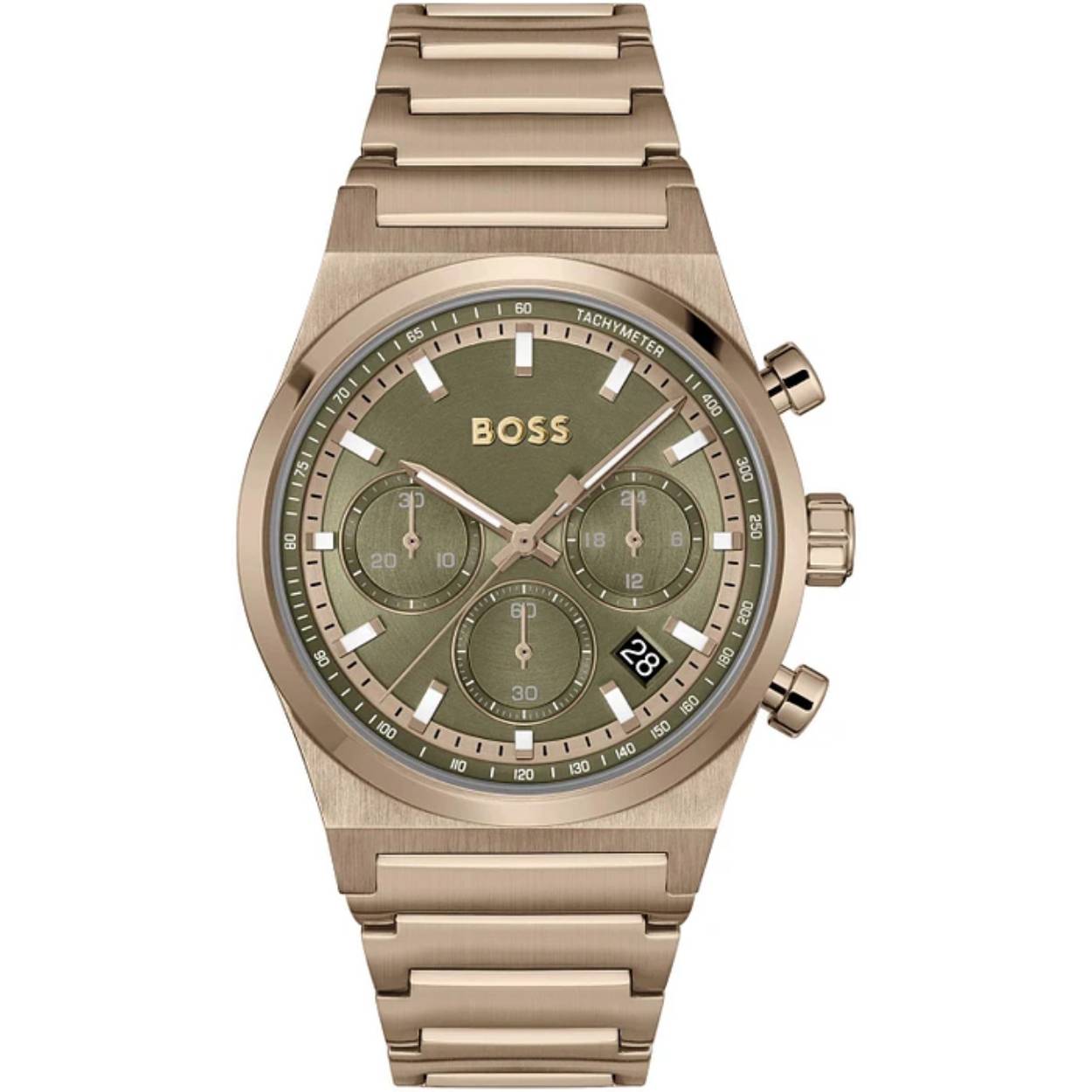 Op zoek naar een stijlvol horloge dat zowel elegantie als functionaliteit combineert? Dan is de HUGO BOSS CANDOR CHRONO 41MM HB1514222 het perfecte horloge voor jou! Dit prachtige horloge heeft een analoge tijdaanduiding en werkt op een betrouwbaar quartz uurwerk.

Met een diameter van 41 mm en een hoogte van 11 mm heeft dit horloge een perfecte pasvorm voor elke pols. De ronde bronzen behuizing is gemaakt van hoogwaardig roestvrij staal, wat zorgt voor duurzaamheid en een luxe uitstraling.

De groene wijzerplaat geeft dit horloge een unieke en trendy uitstraling, terwijl het mineraalglas zorgt voor een optimale bescherming tegen krassen en stoten. De bronzen roestvrij stalen band zorgt voor een comfortabele pasvorm en een moderne look.

Dankzij de datumweergave ben je altijd op de hoogte van de juiste datum, terwijl de waterdichtheid van 5 bar ervoor zorgt dat je dit horloge kunt dragen tijdens het douchen. De vlinder- of vouwsluiting zorgt ervoor dat het horloge veilig om je pols blijft zitten.

Als officieel Hugo Boss verkooppunt kunnen wij garanderen dat dit horloge van de hoogste kwaliteit is en voldoet aan de strenge eisen van het merk. Met de HUGO BOSS CANDOR CHRONO 41MM HB1514222 maak je een statement en ben je altijd bij de tijd, waar je ook bent. 